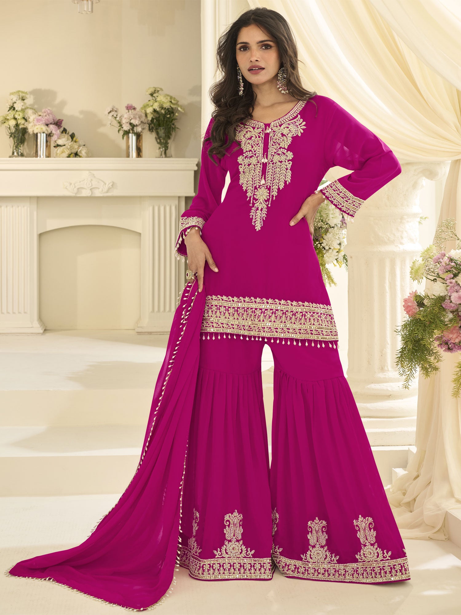 Rani Pink Embroidered Sharara Style Salwar Suit