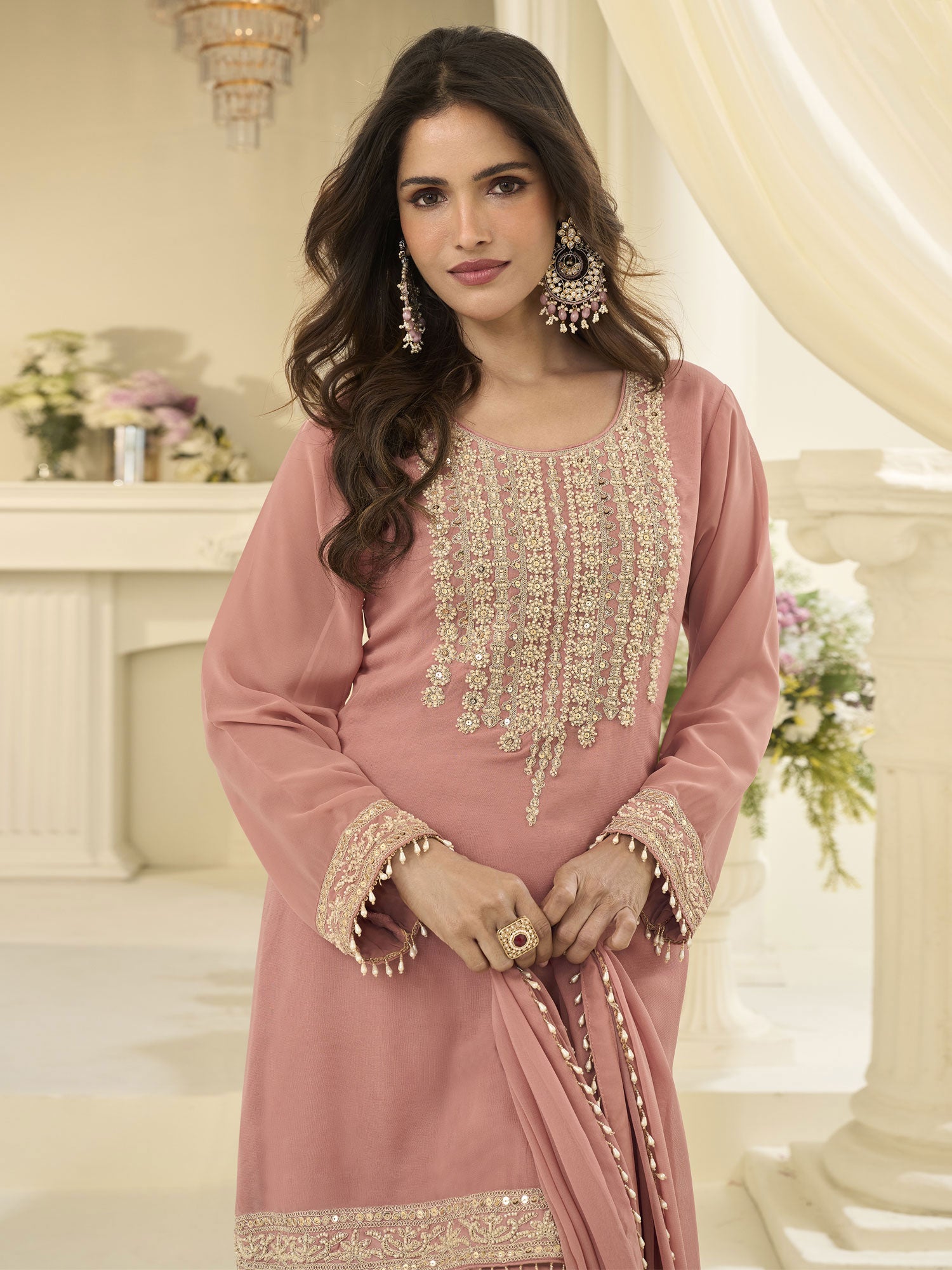 Peach Mirror Work Embellished Salwar Kameez