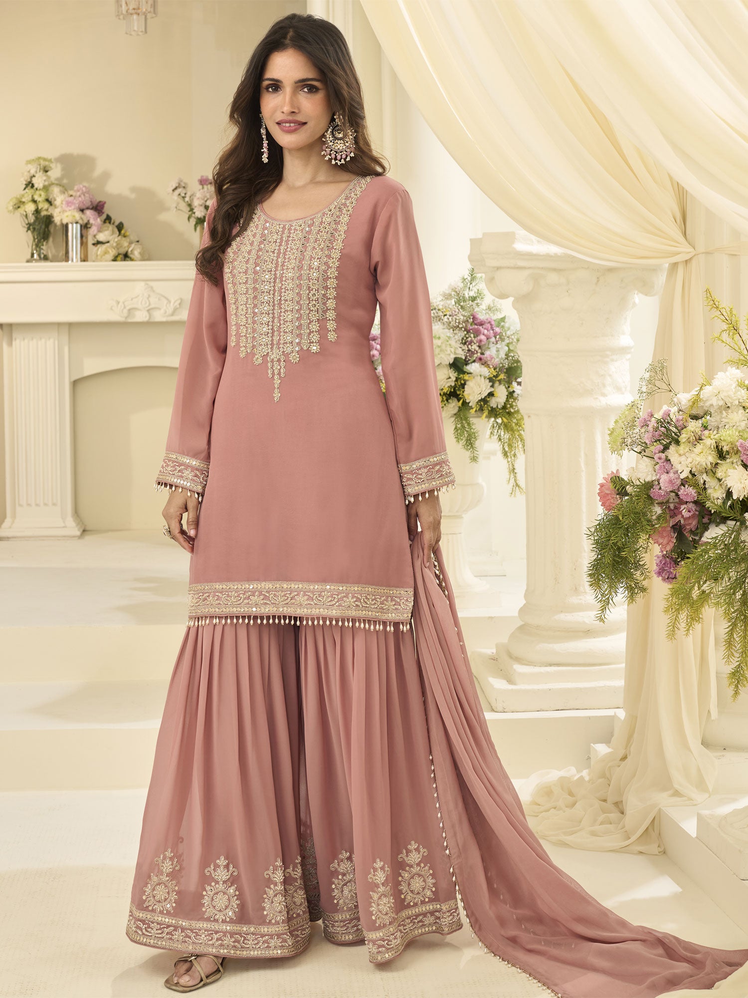 Peach Mirror Work Embellished Salwar Kameez
