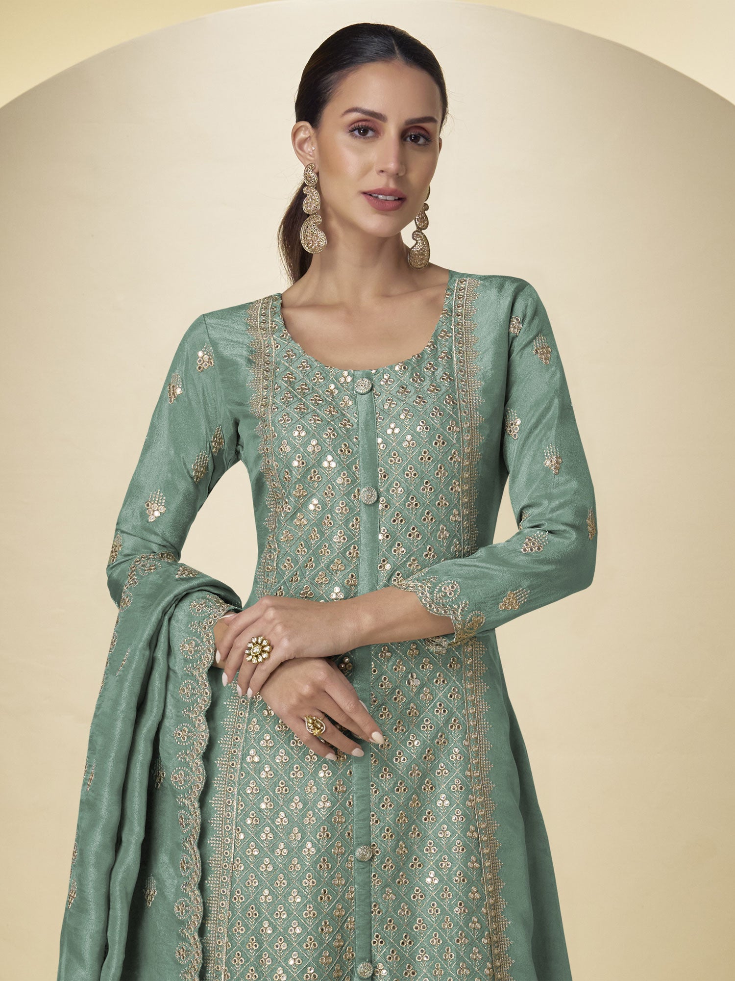 Green Sequins Work Embroidered Anarkali Suit