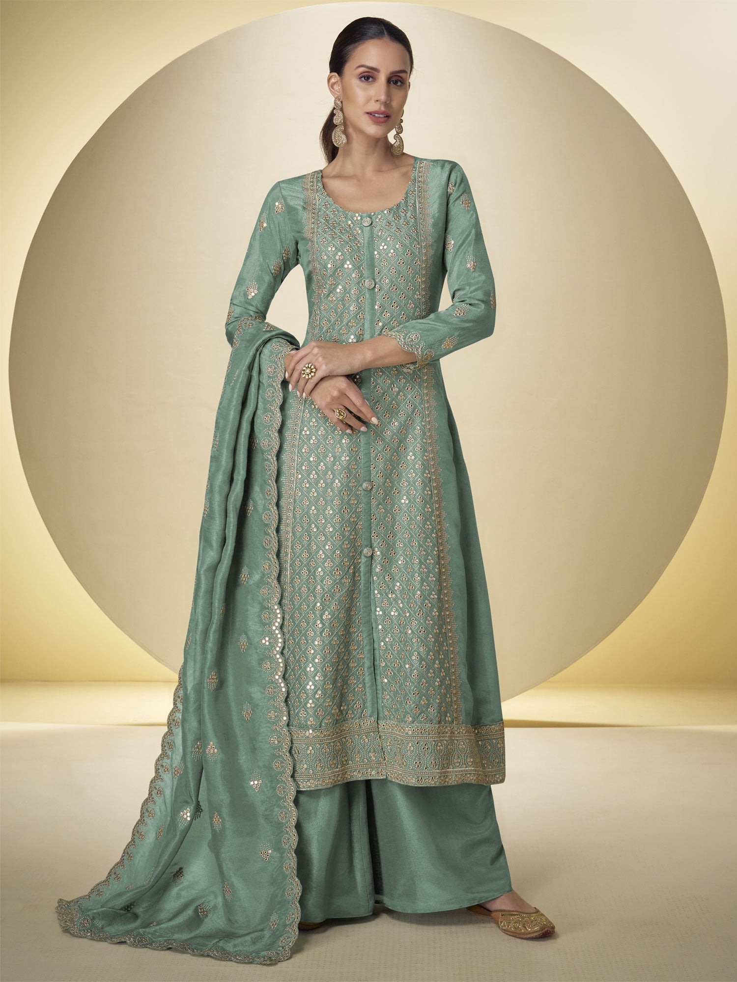 Green Sequins Work Embroidered Anarkali Suit