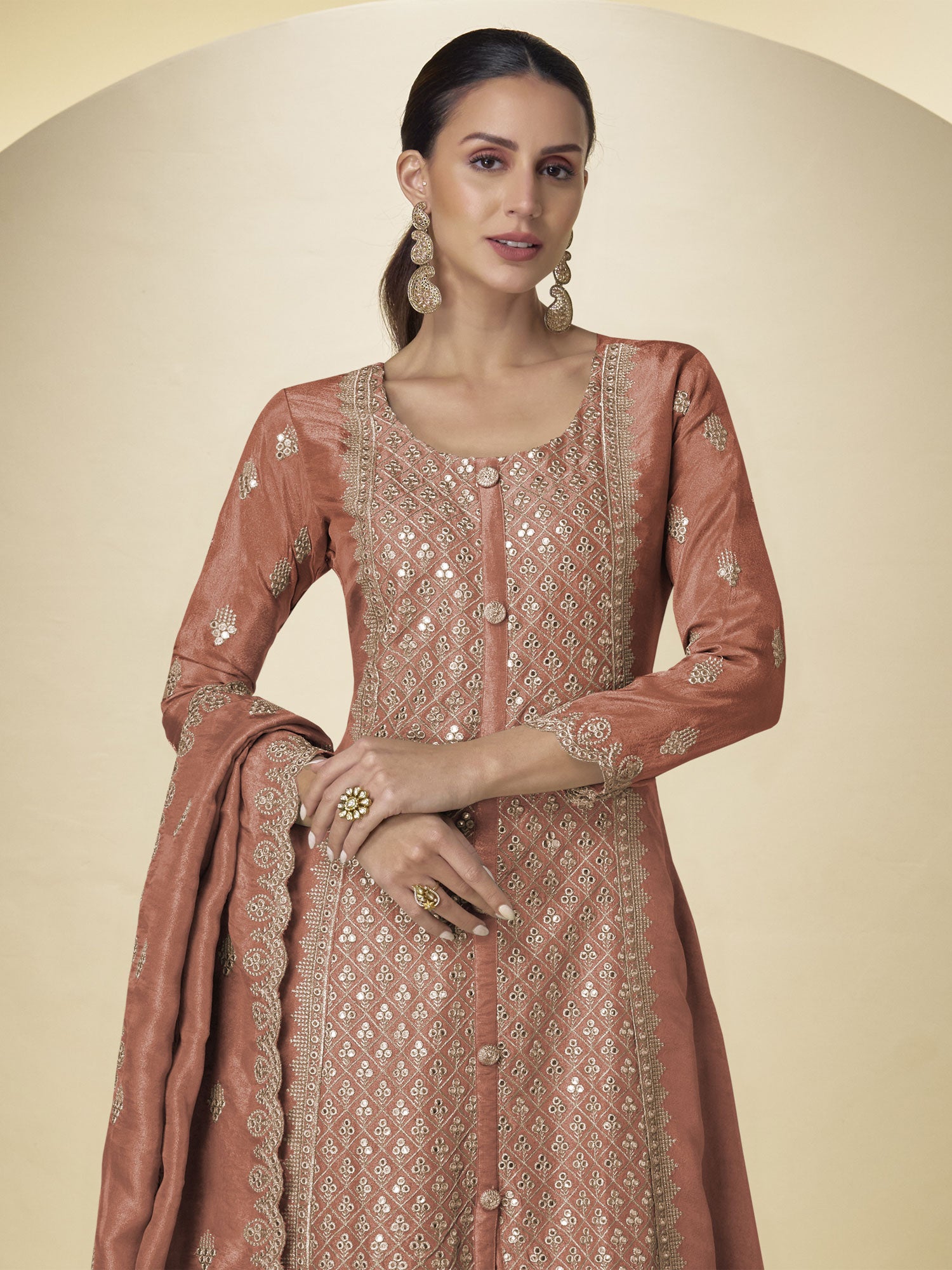 Orange Full Sleeved Palazzo Suit In Shimar Silk