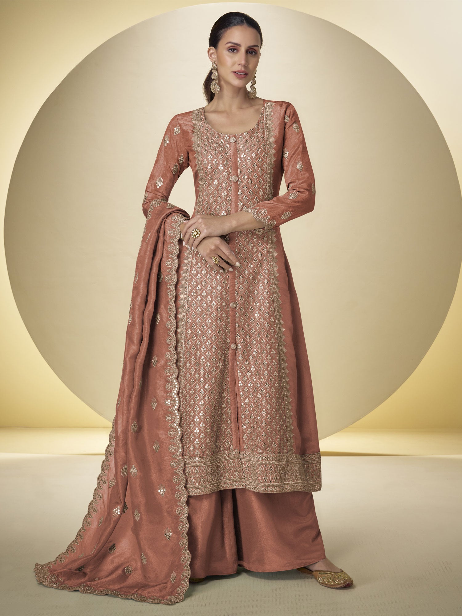 Orange Full Sleeved Palazzo Suit In Shimar Silk