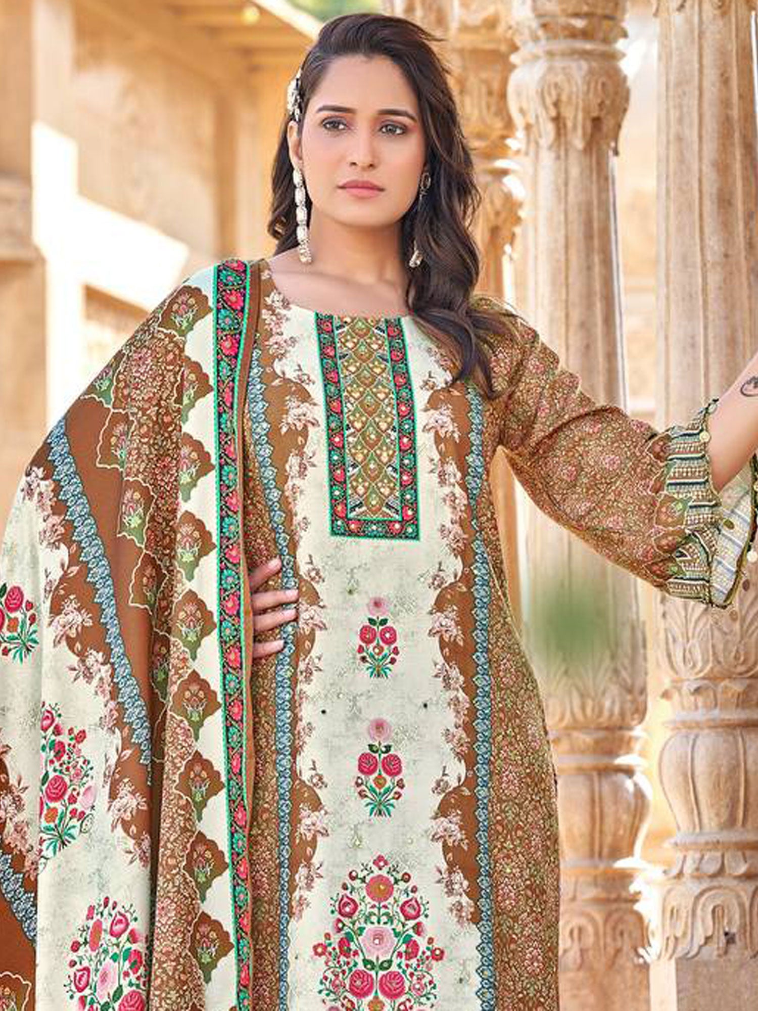 Brown Pakistani Style Salwar Suit Set In Satin