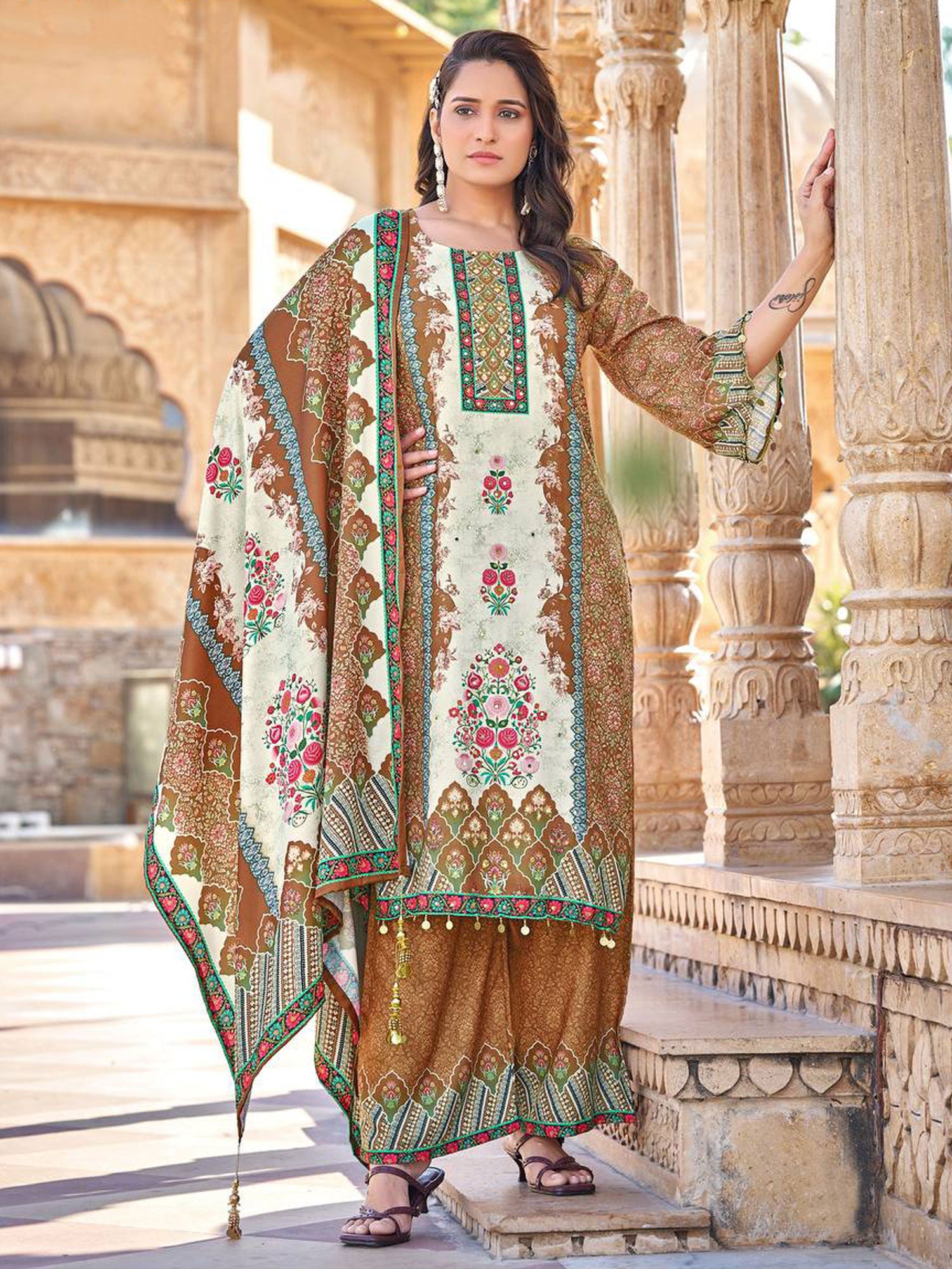 Brown Pakistani Style Salwar Suit Set In Satin