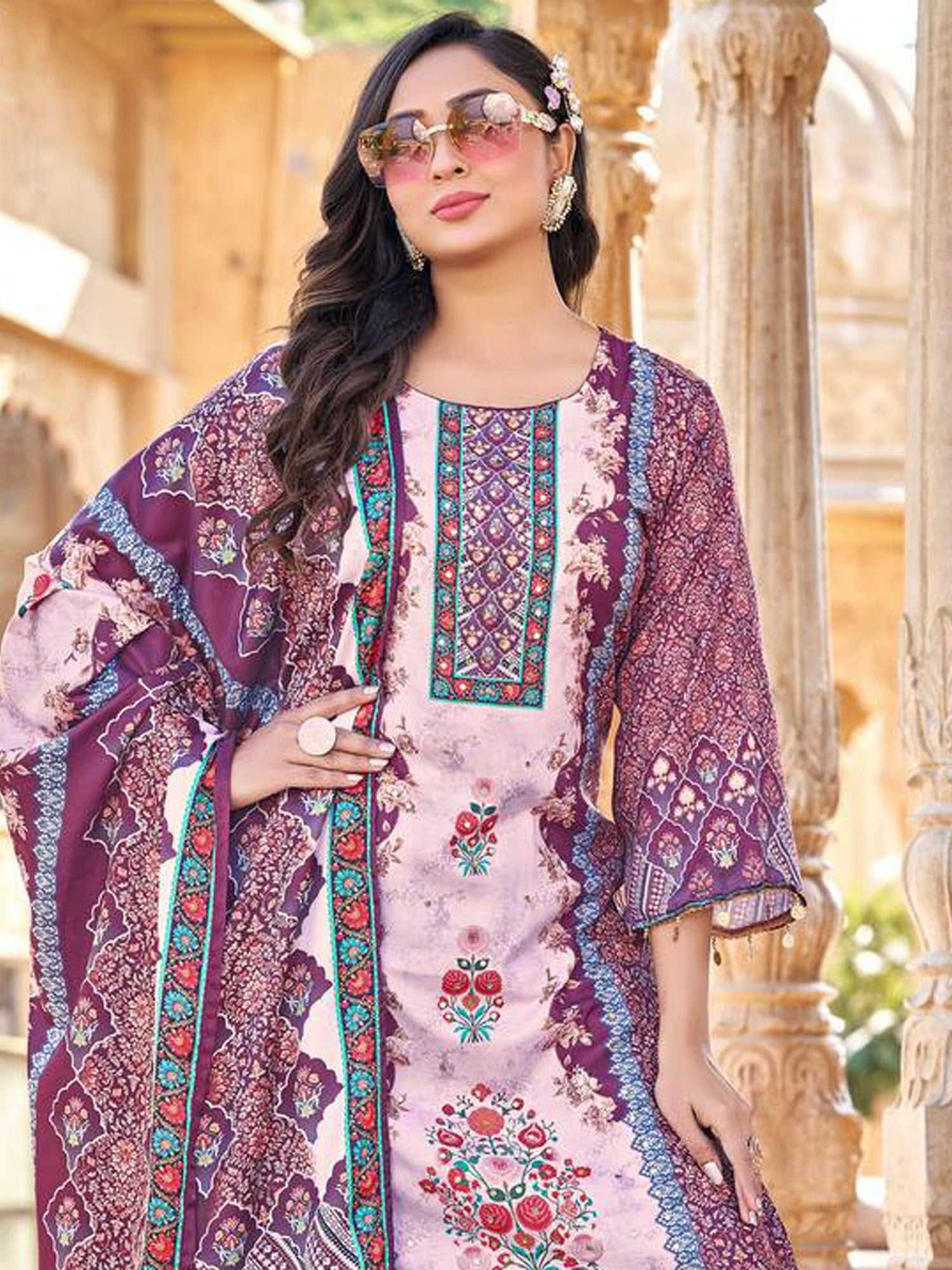 Purple Readymade Palazzo Suit In Print