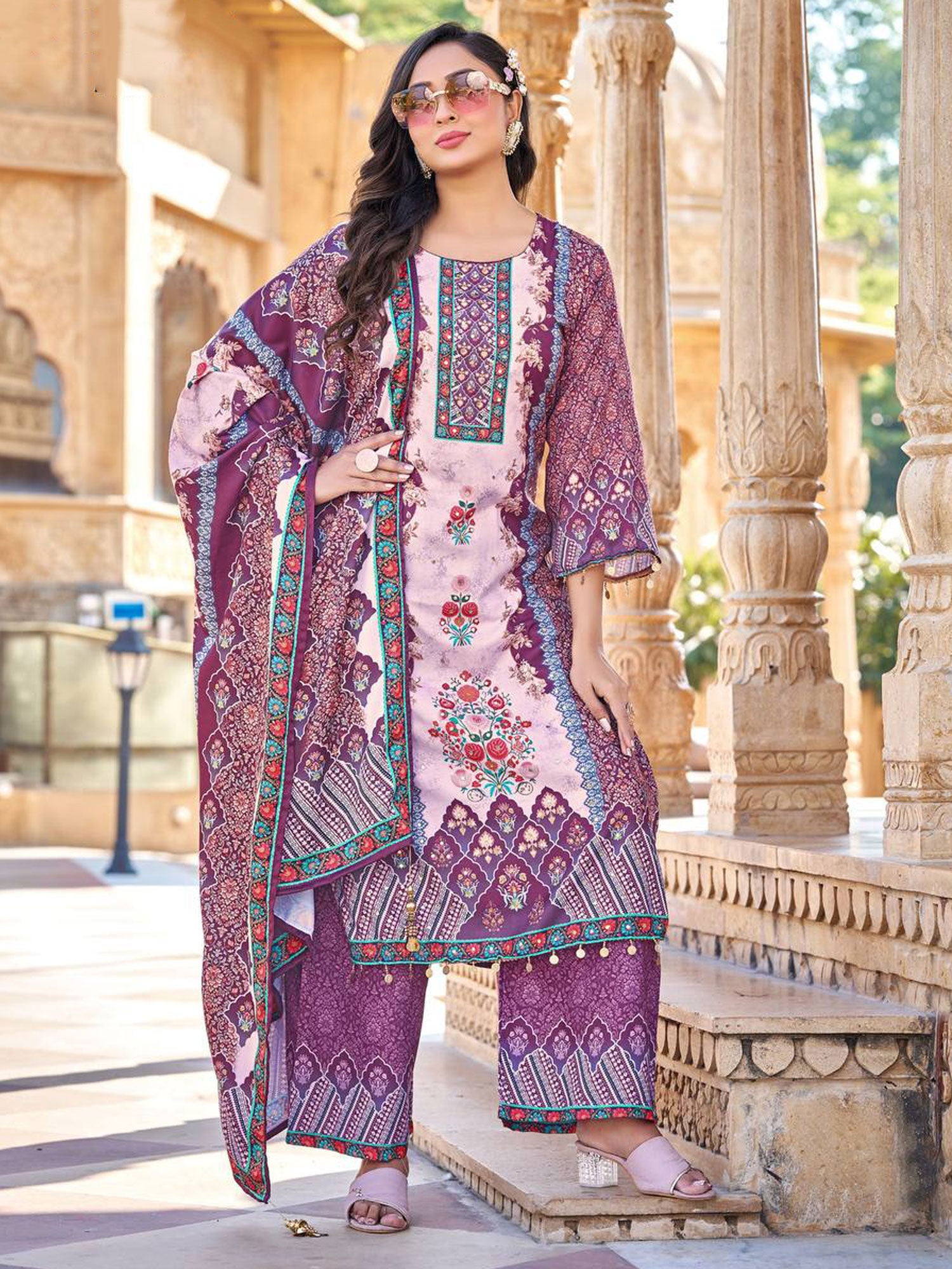 Purple Readymade Palazzo Suit In Print
