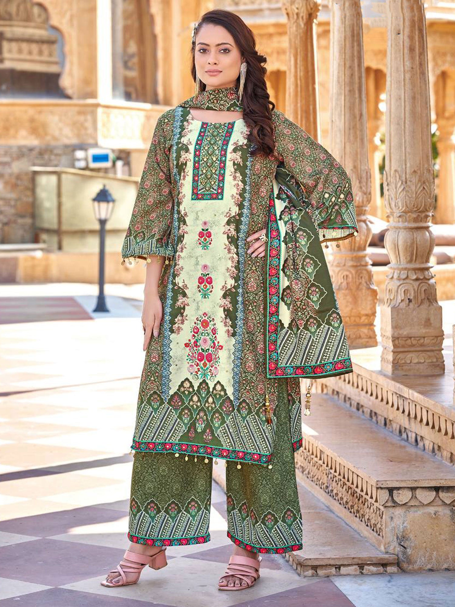 Green Satin Palazzo Suit In Pakistani Style