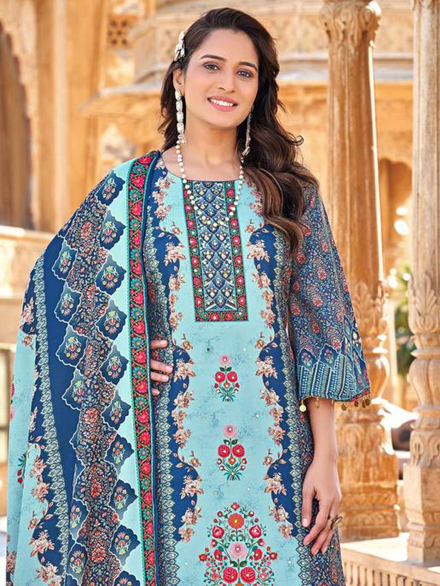 Blue Floral Printed Satin Salwar Kameez