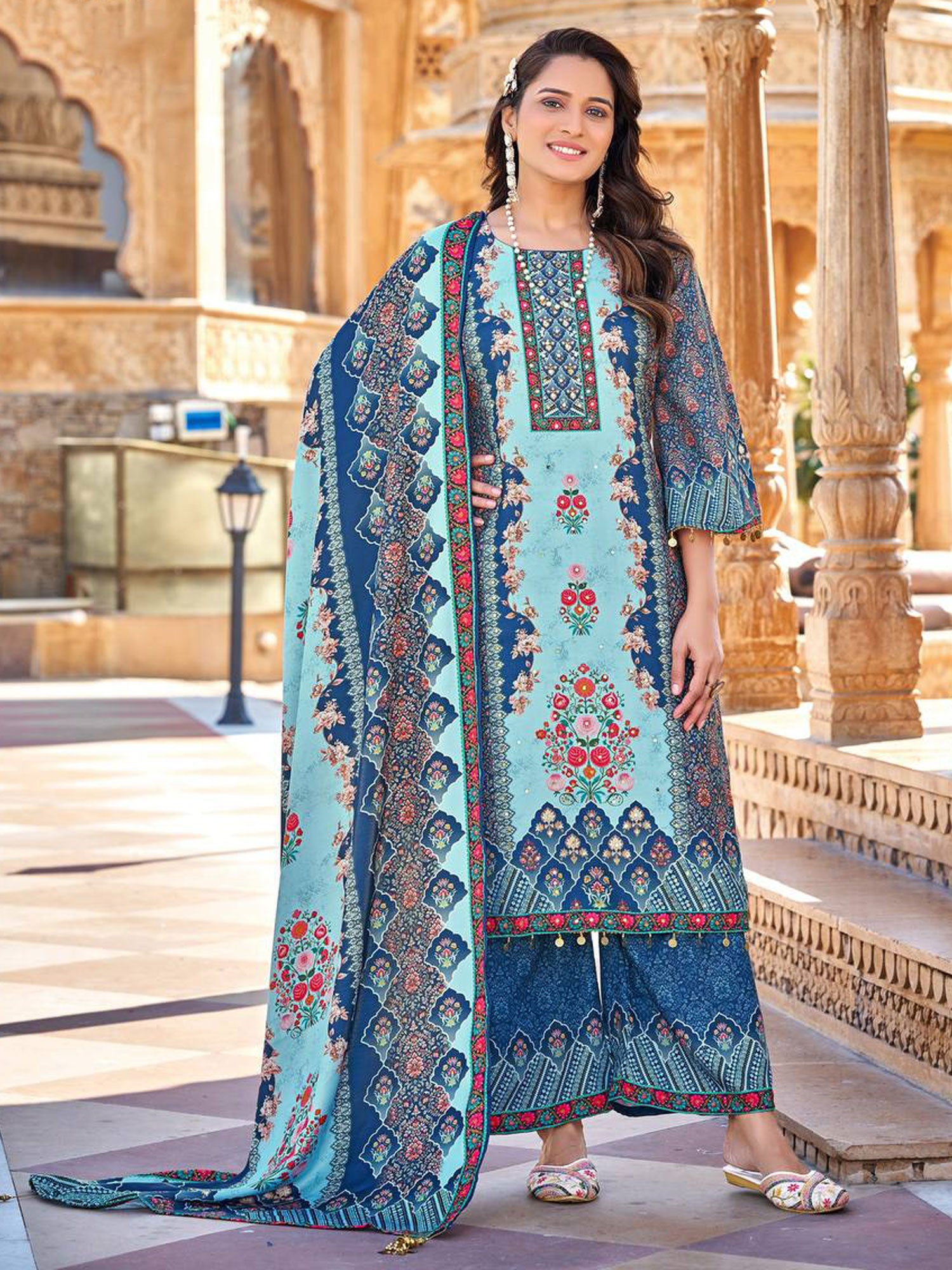 Blue Floral Printed Satin Salwar Kameez