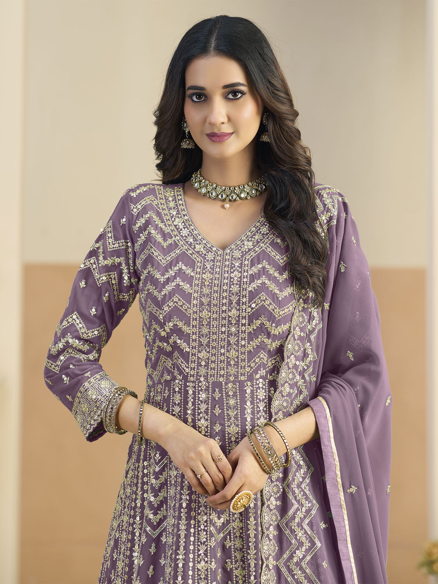 Purple Sequins Work Embellished Salwar Kameez
