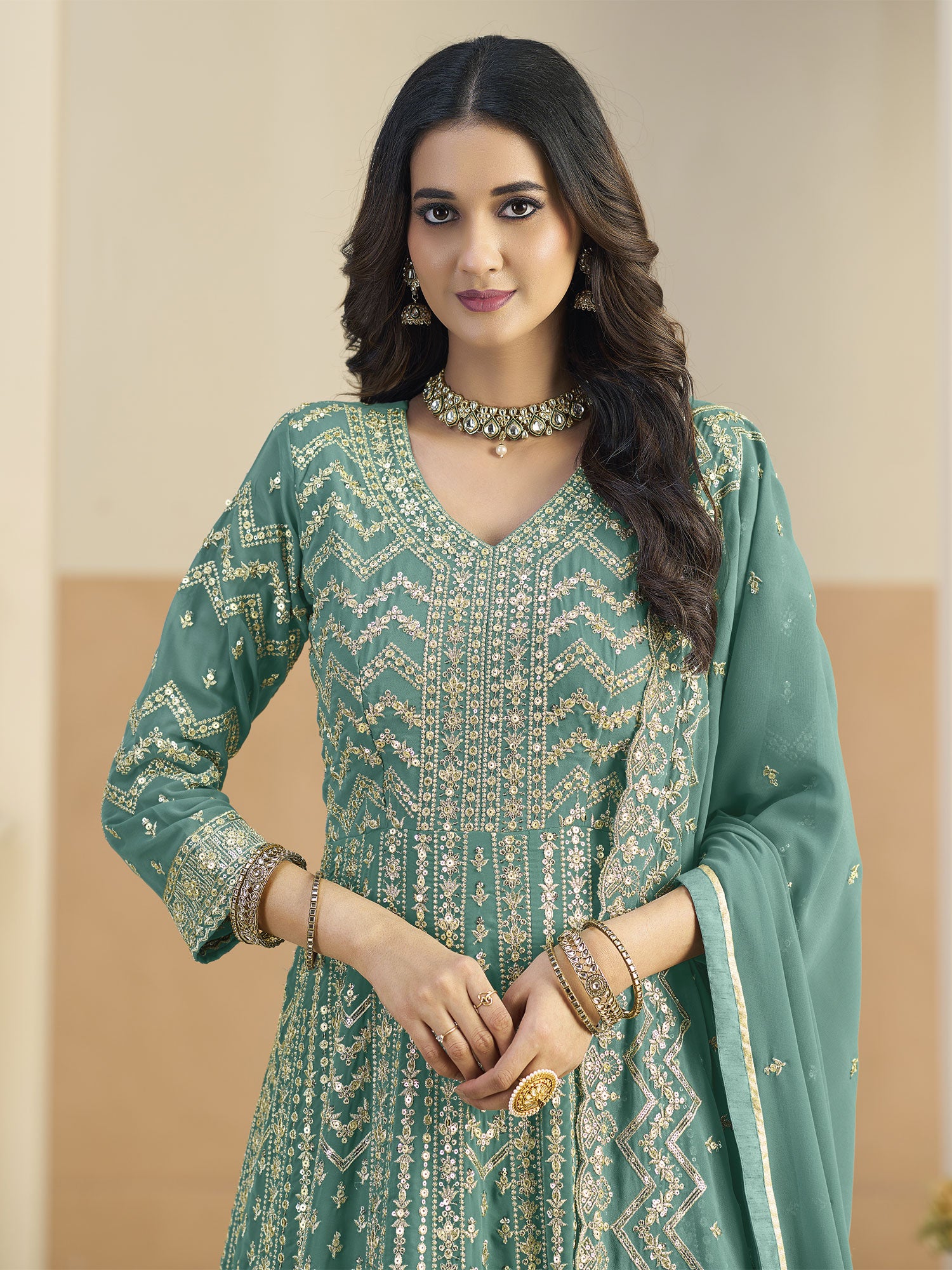 Green Net Salwar Kameez In Anarkali Style