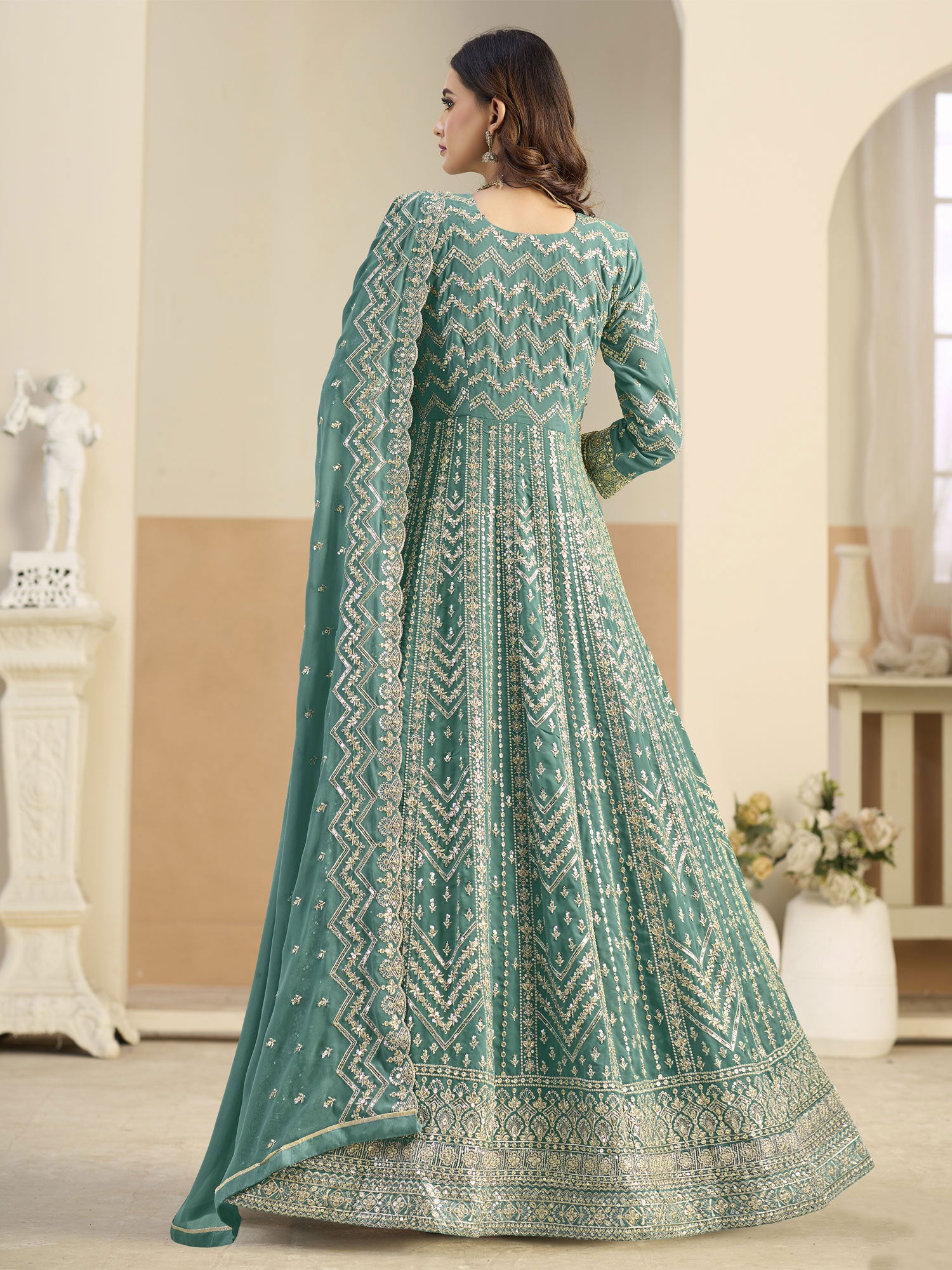Green Net Salwar Kameez In Anarkali Style