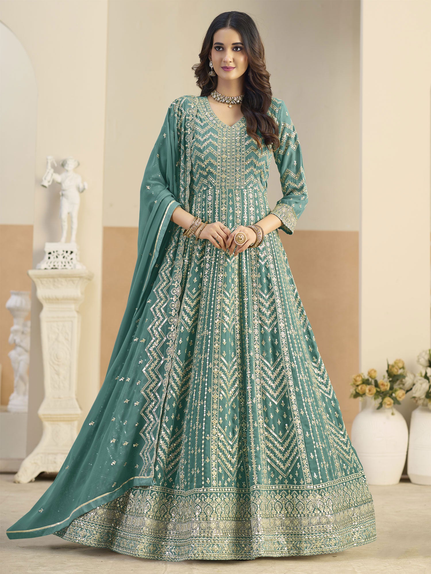 Green Net Salwar Kameez In Anarkali Style
