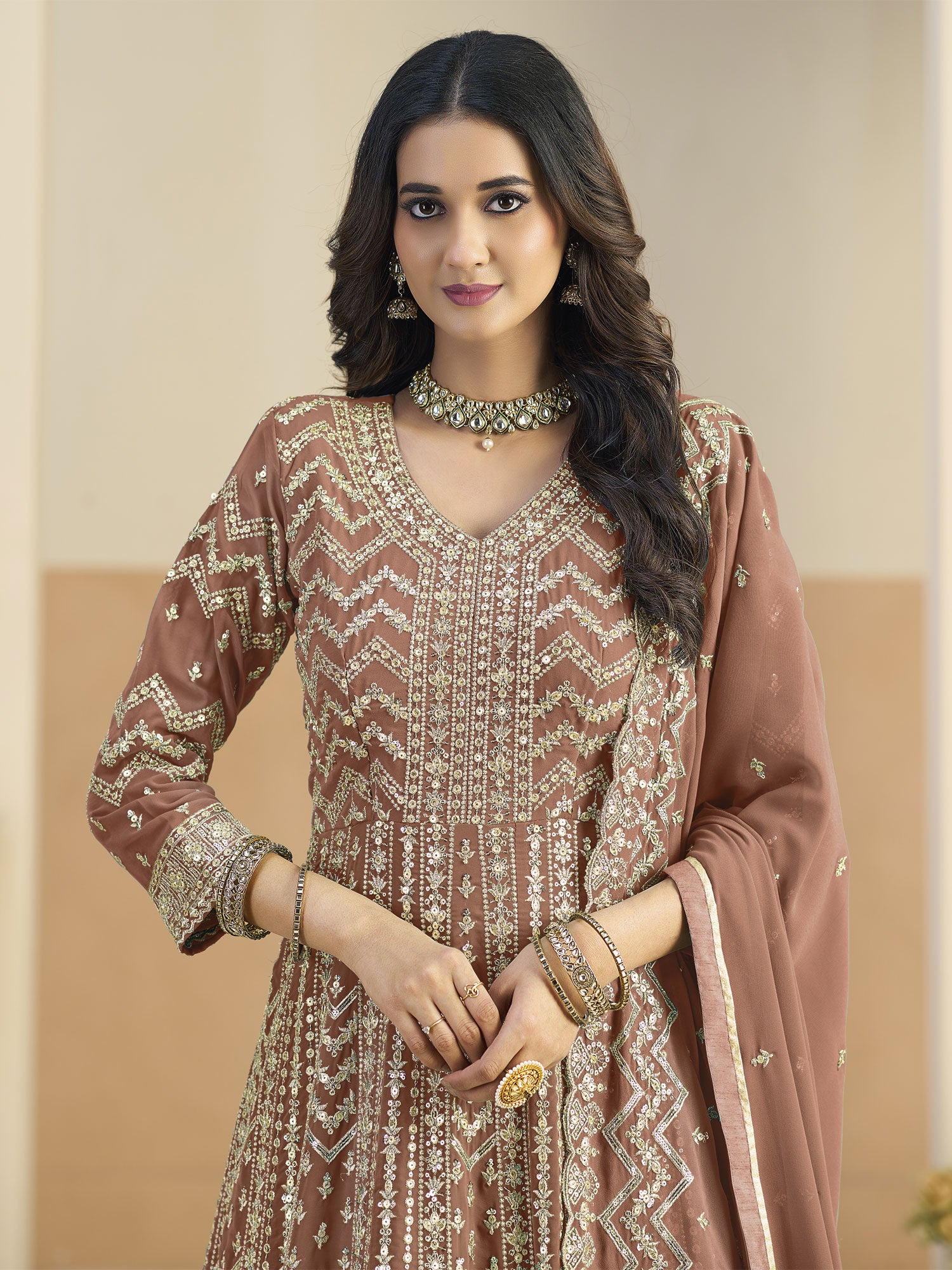 Brown Embroidered Net Salwar Suit With Dupatta