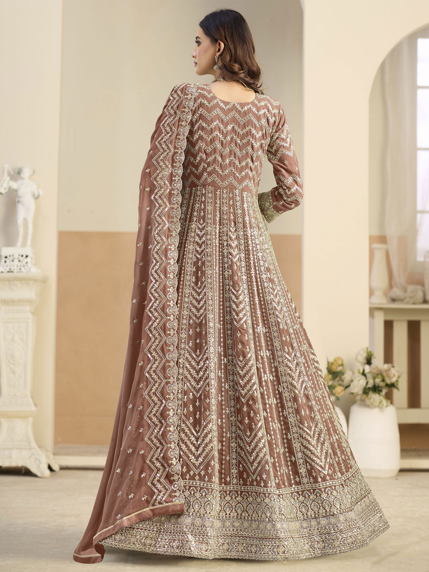 Brown Embroidered Net Salwar Suit With Dupatta