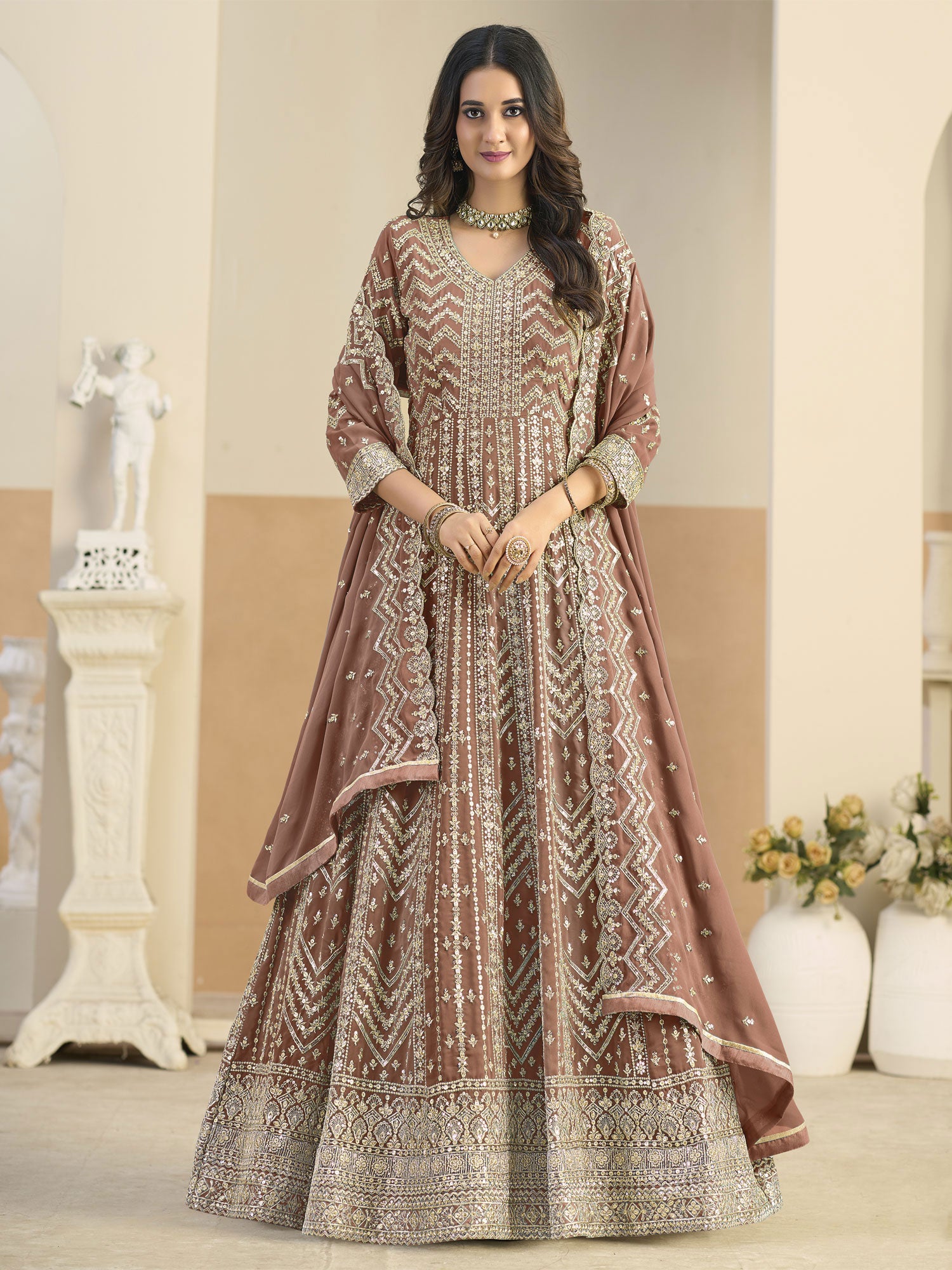 Brown Embroidered Net Salwar Suit With Dupatta