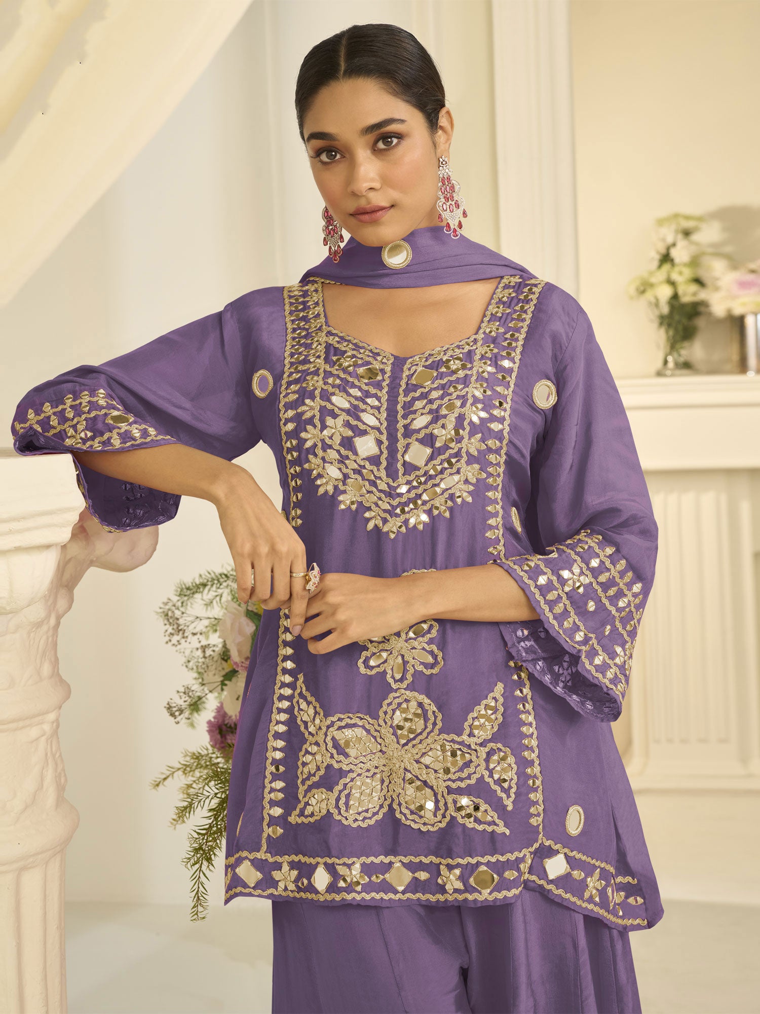 Purple Chinon Silk Party Salwar Kameez