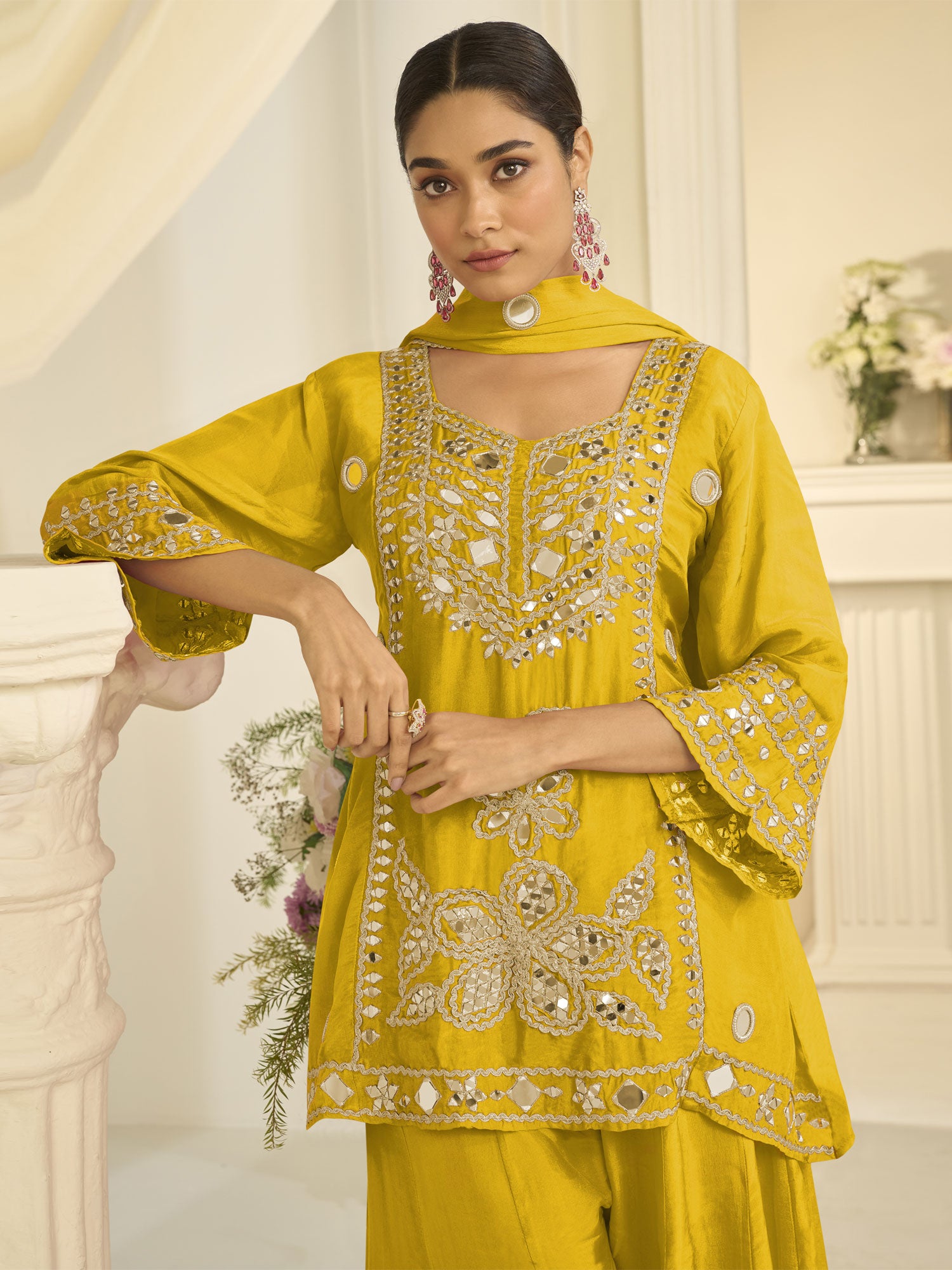 Yellow Festive Salwar Suit In Mirror Work