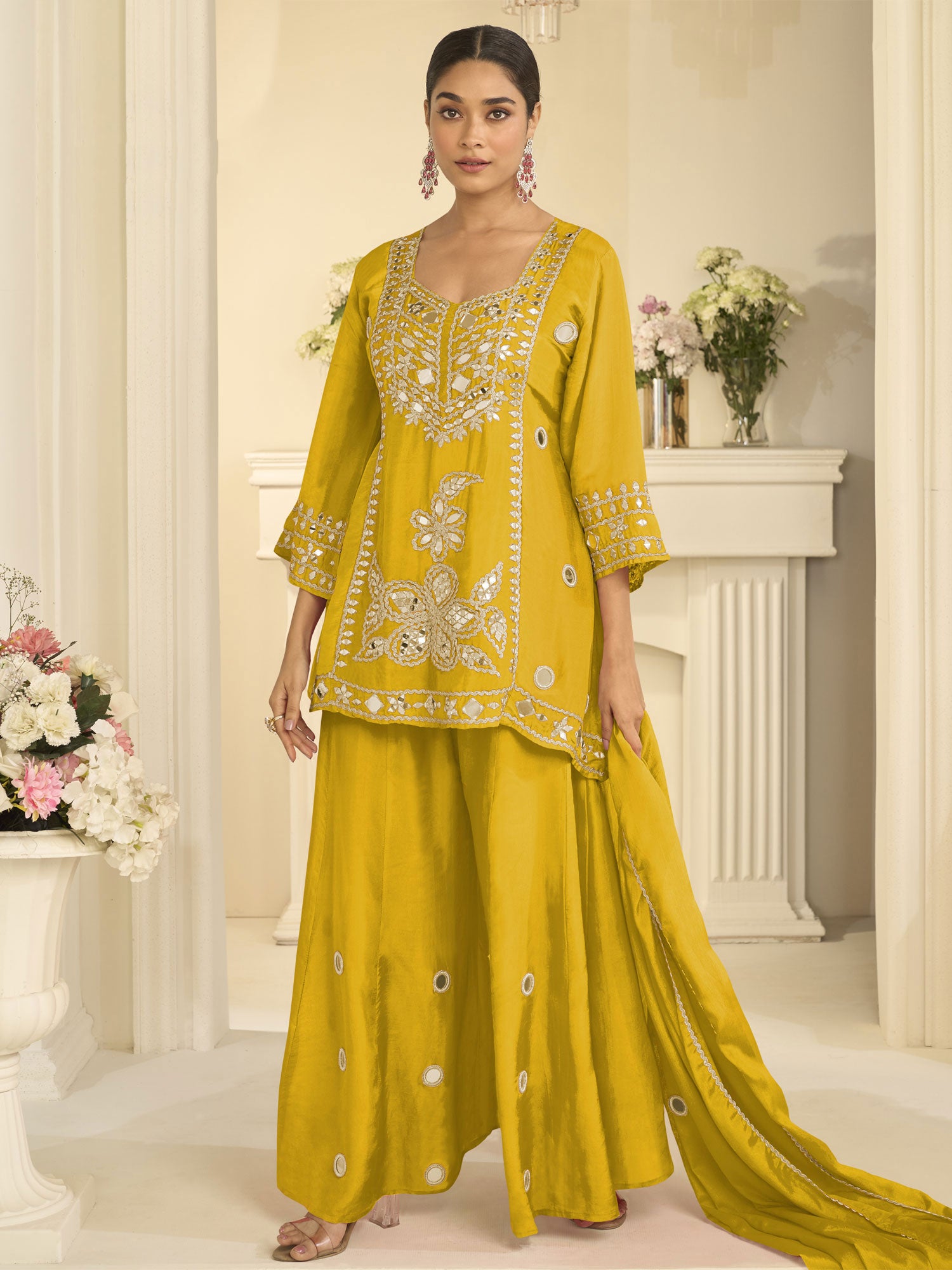 Yellow Festive Salwar Suit In Mirror Work