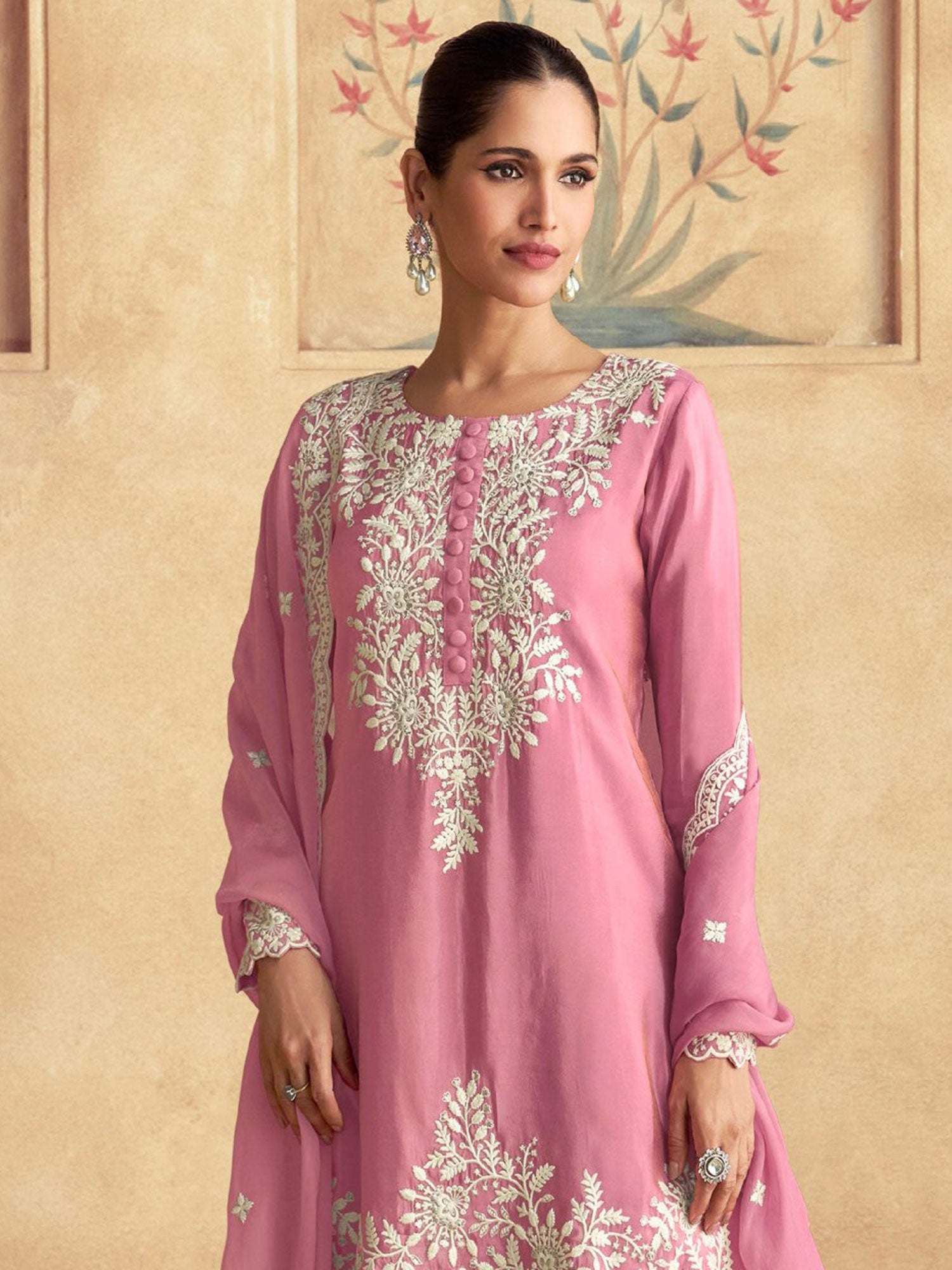 Pink Pakistani Style Sharara Suit In Chinon Silk