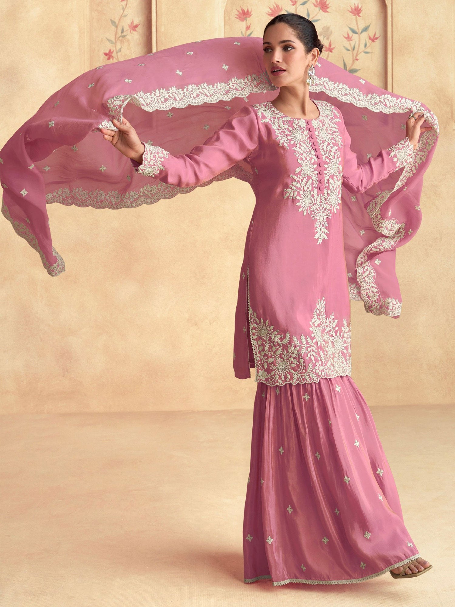 Pink Pakistani Style Sharara Suit In Chinon Silk