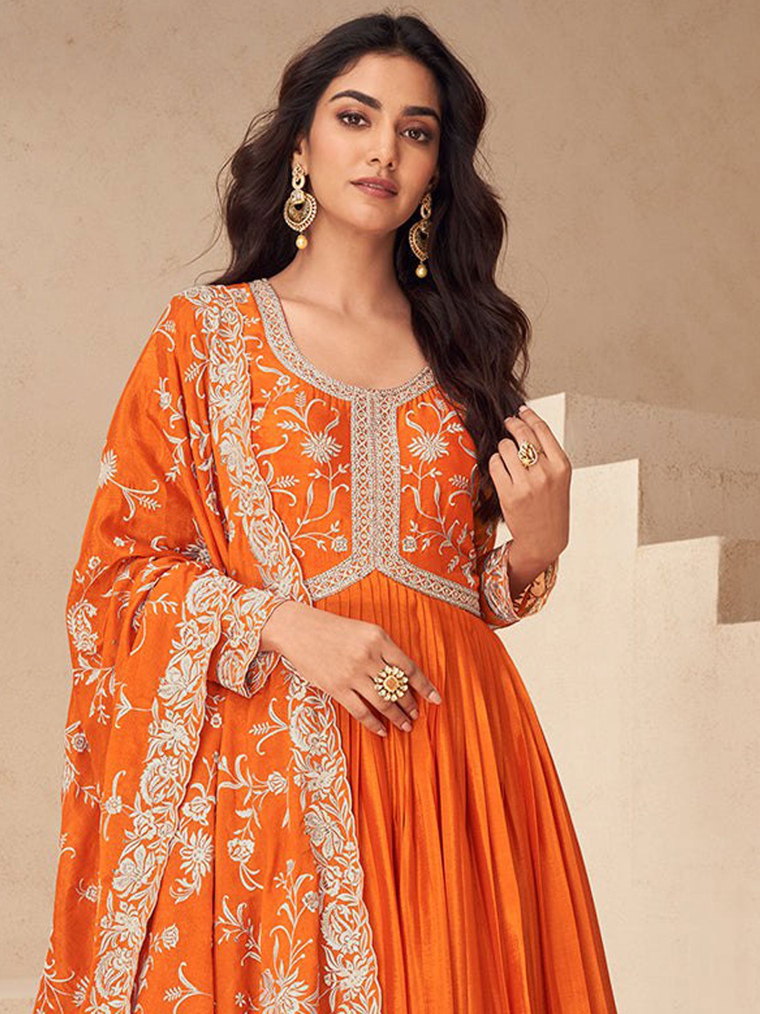 Orange Floral Augmented Party Anarkali Suit