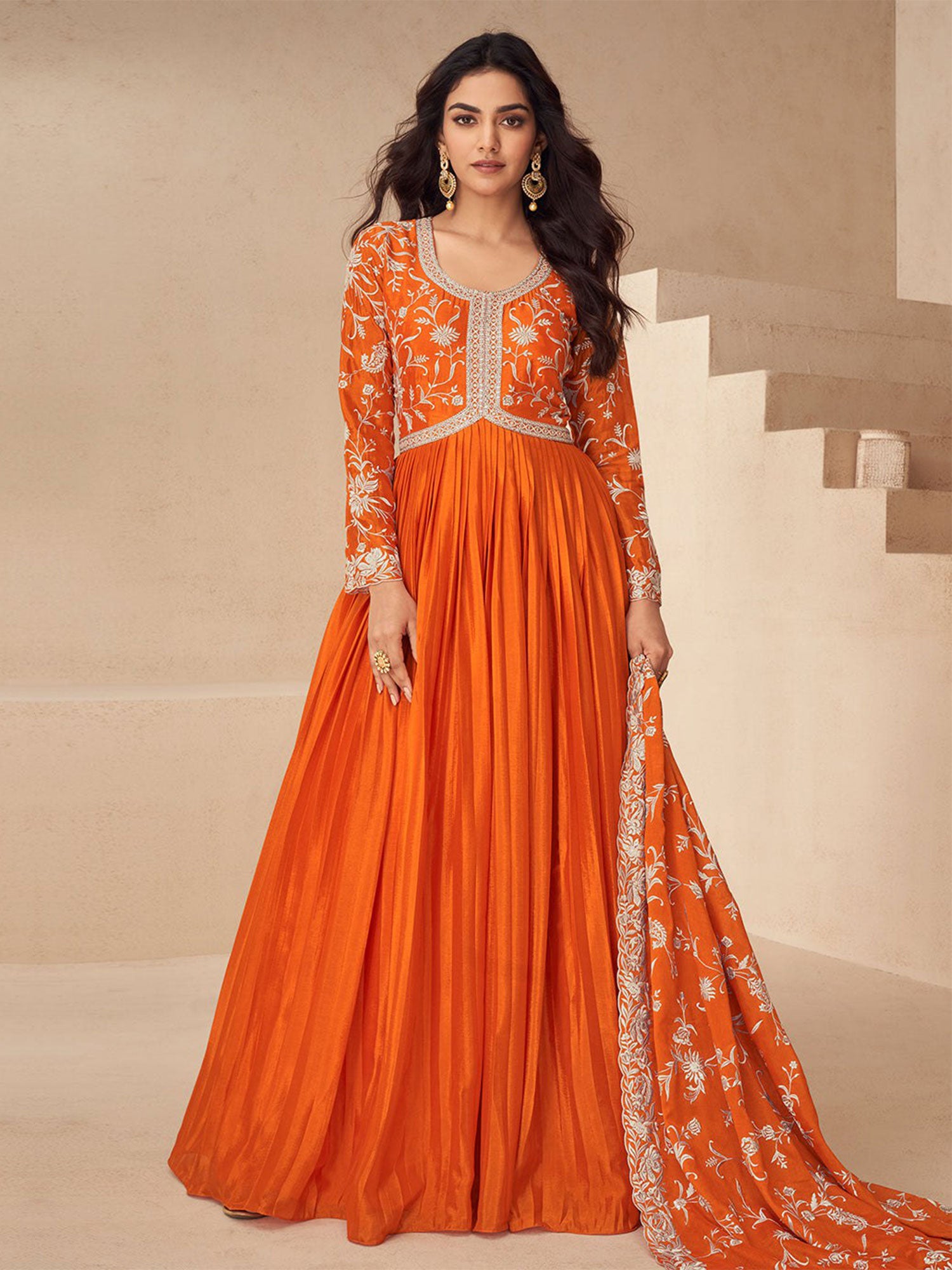 Orange Floral Augmented Party Anarkali Suit