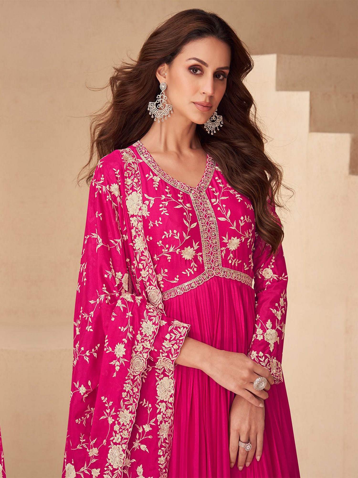 Pink Floral Work Readymade Silk Salwar Suit