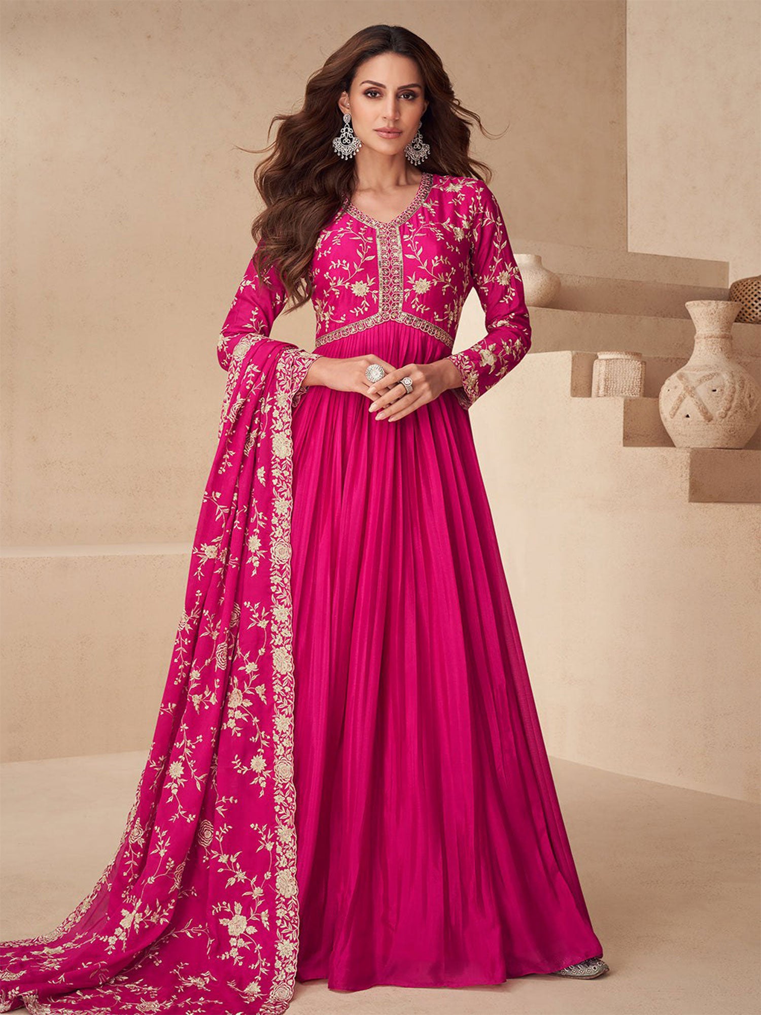 Pink Floral Work Readymade Silk Salwar Suit