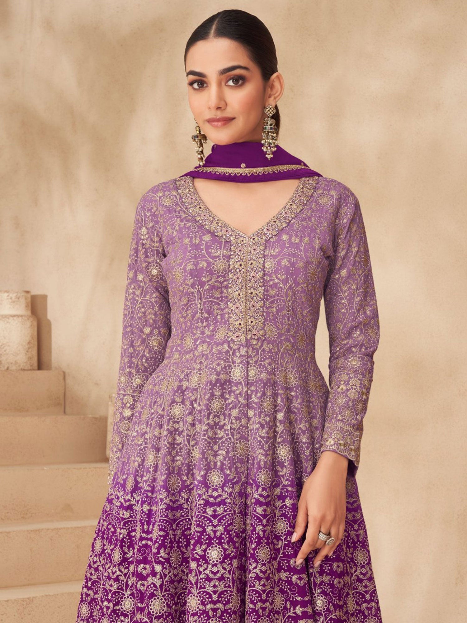 Purple Ombre Shaded Embroidered Palazzo Suit