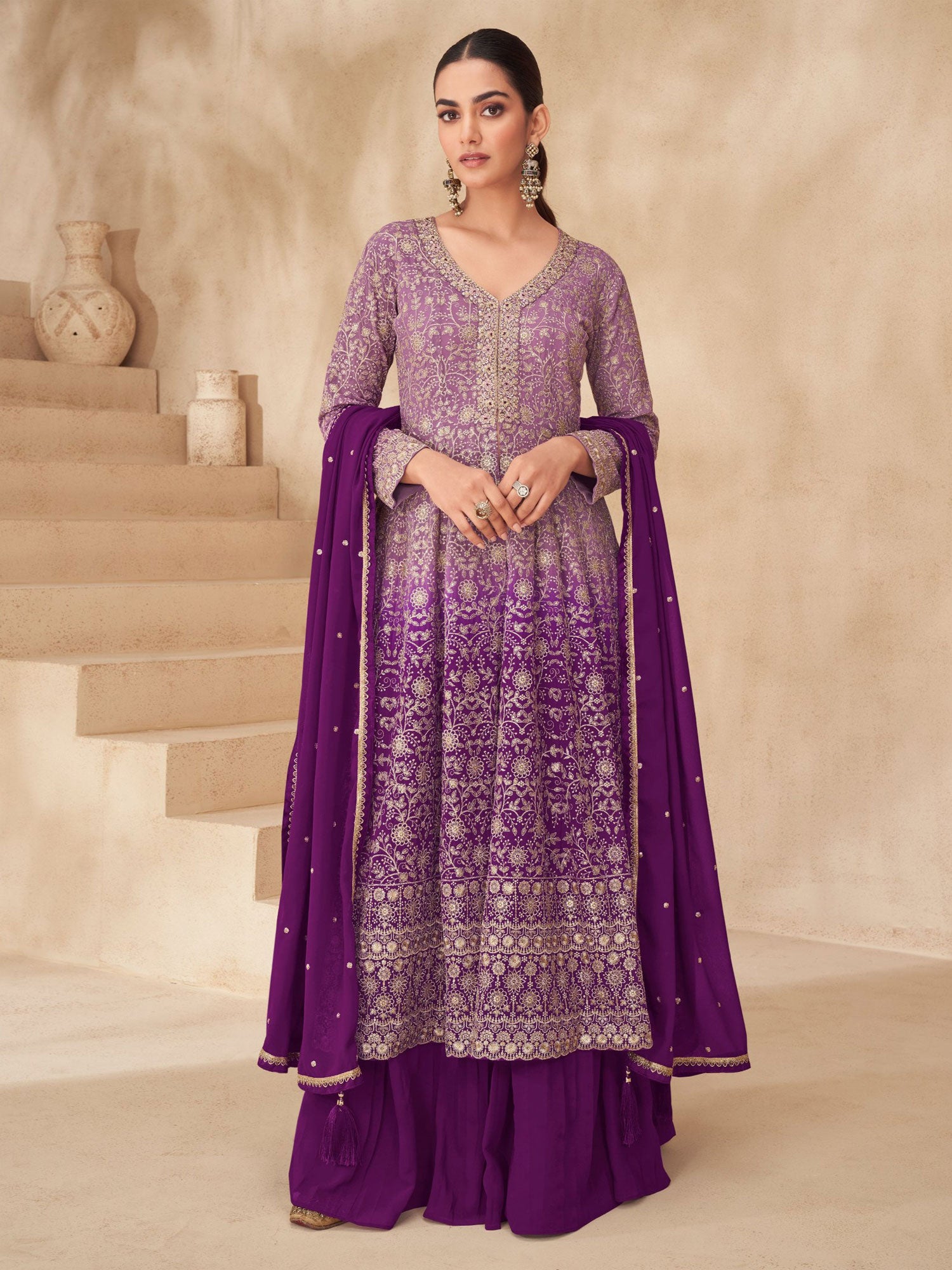Purple Ombre Shaded Embroidered Palazzo Suit