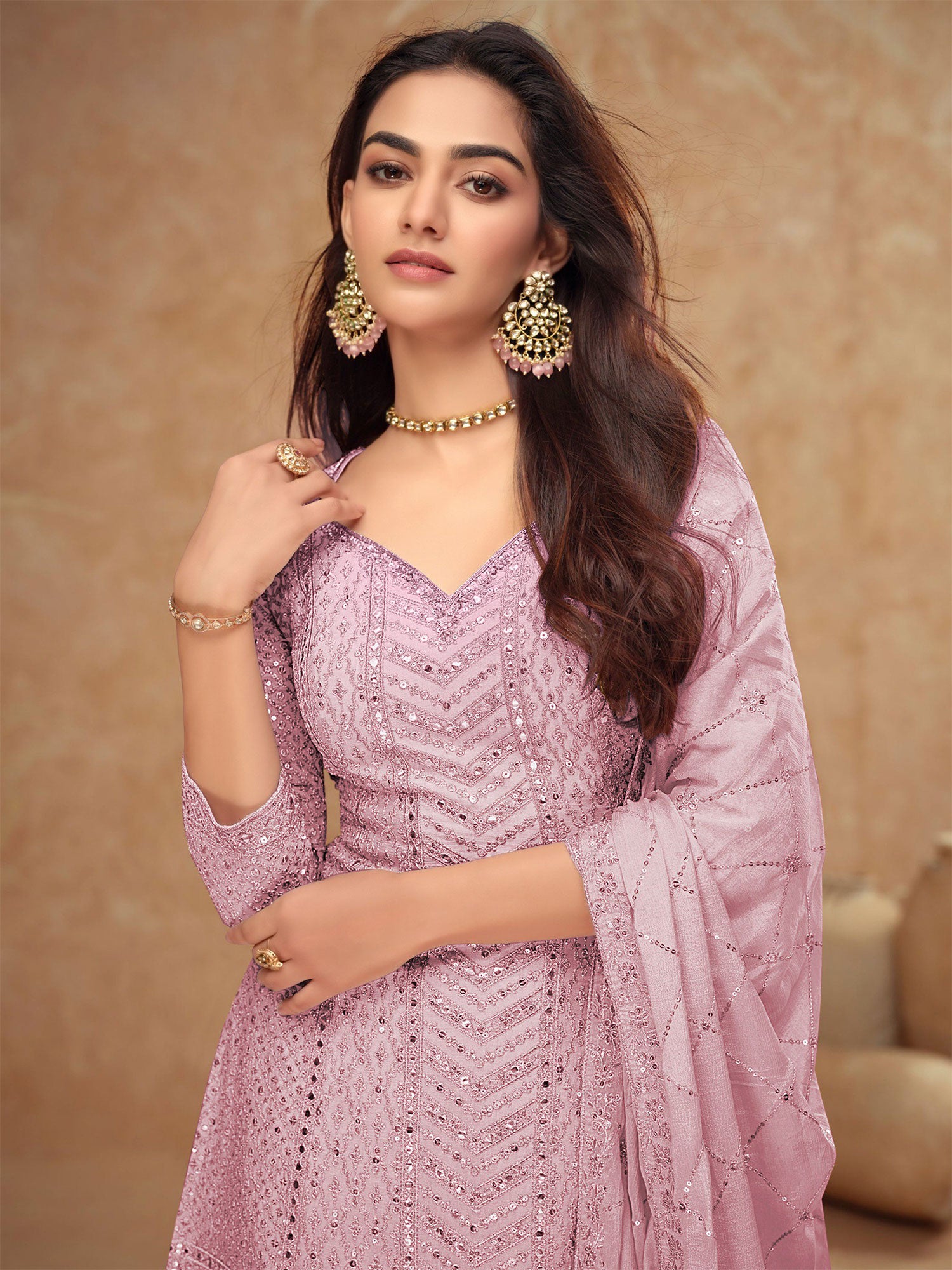 Light Pink Silk Palazzo Style In Mirror Work