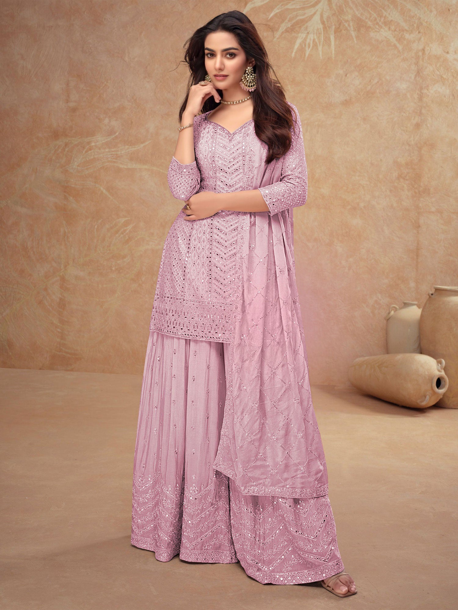 Light Pink Silk Palazzo Style In Mirror Work