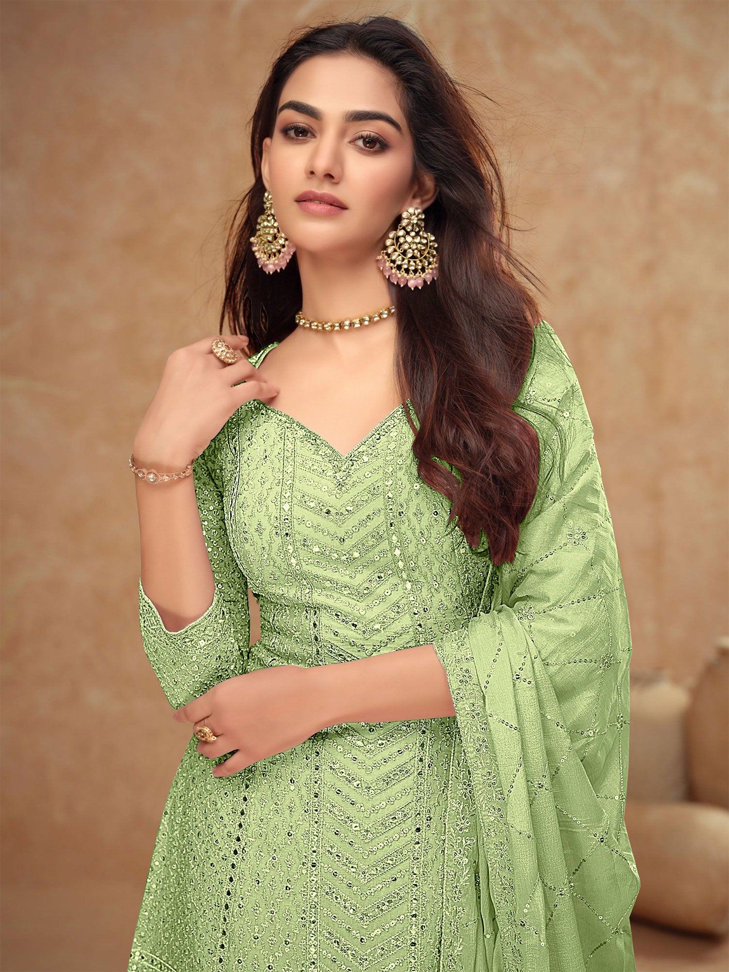 Green Chinon Silk Readymade Salwar Suit