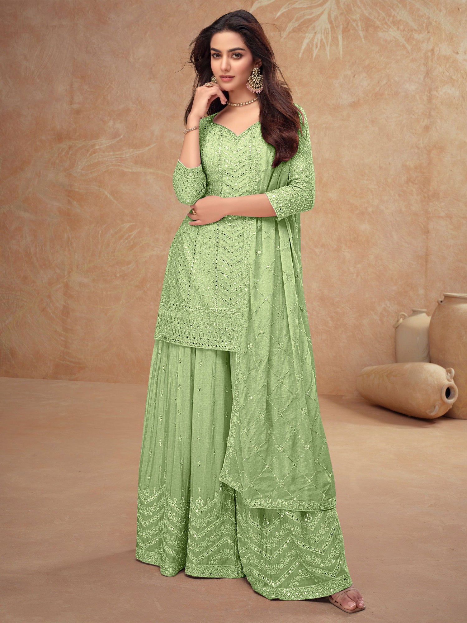 Green Chinon Silk Readymade Salwar Suit