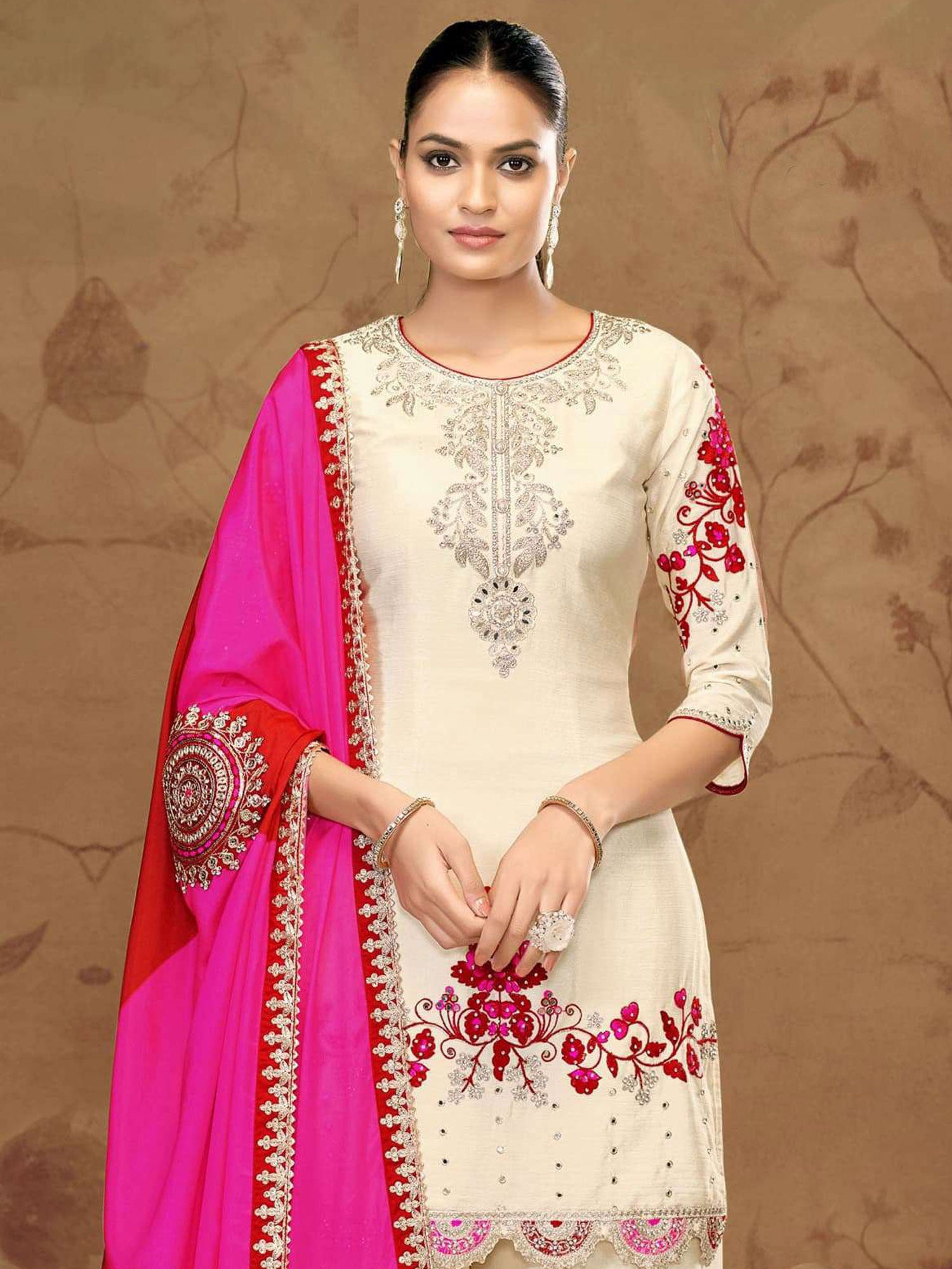 Off White Floral Work Embellished Salwar Suit