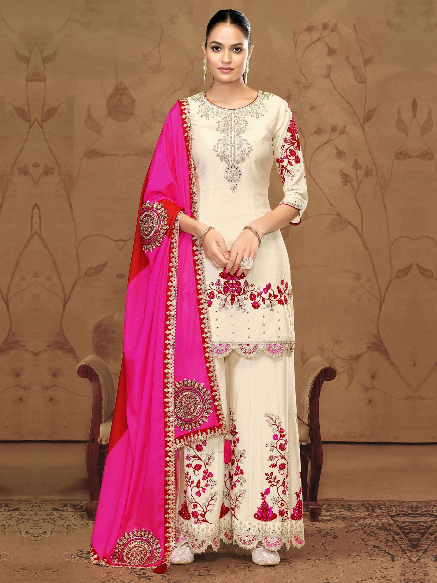 Off White Floral Work Embellished Salwar Suit