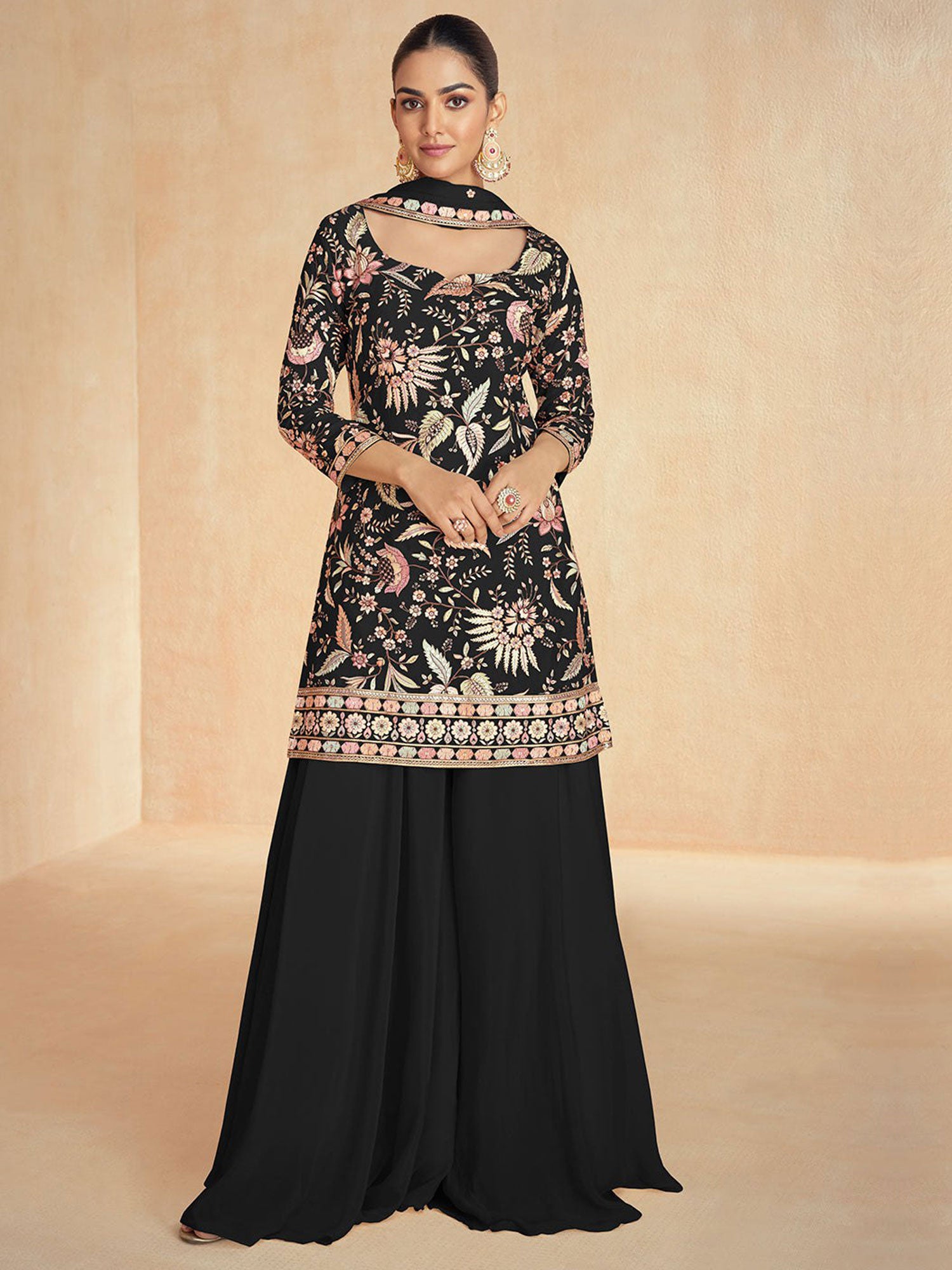 Black Readymade Silk Salwar Suit With Dupatta