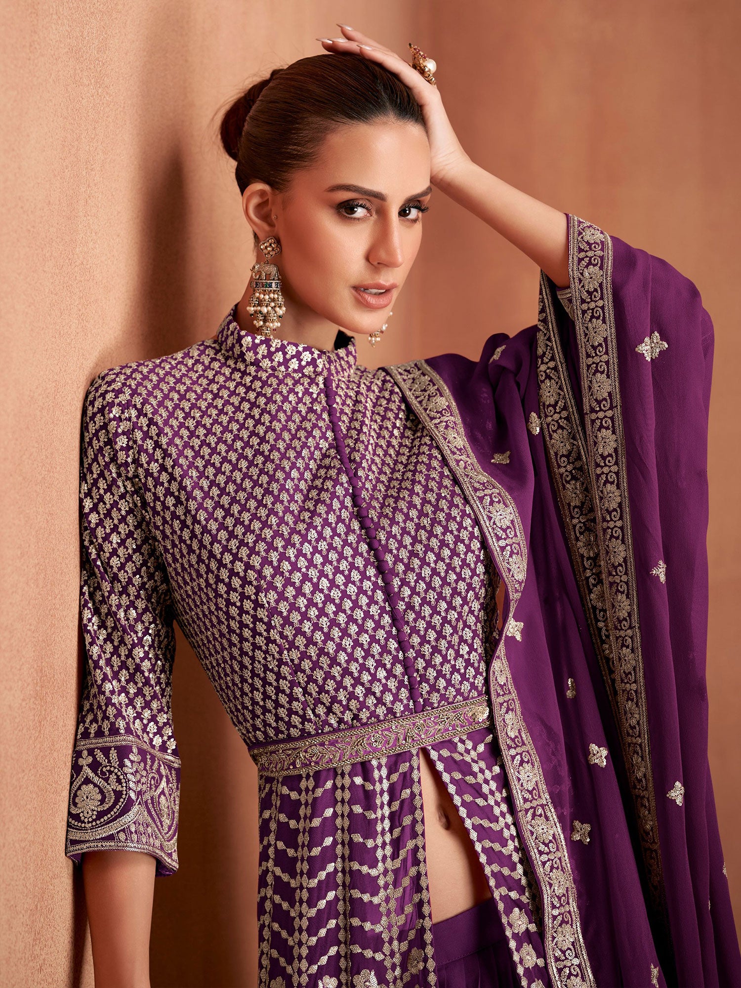 Purple Sequins Work Salwar Suit In Georgette