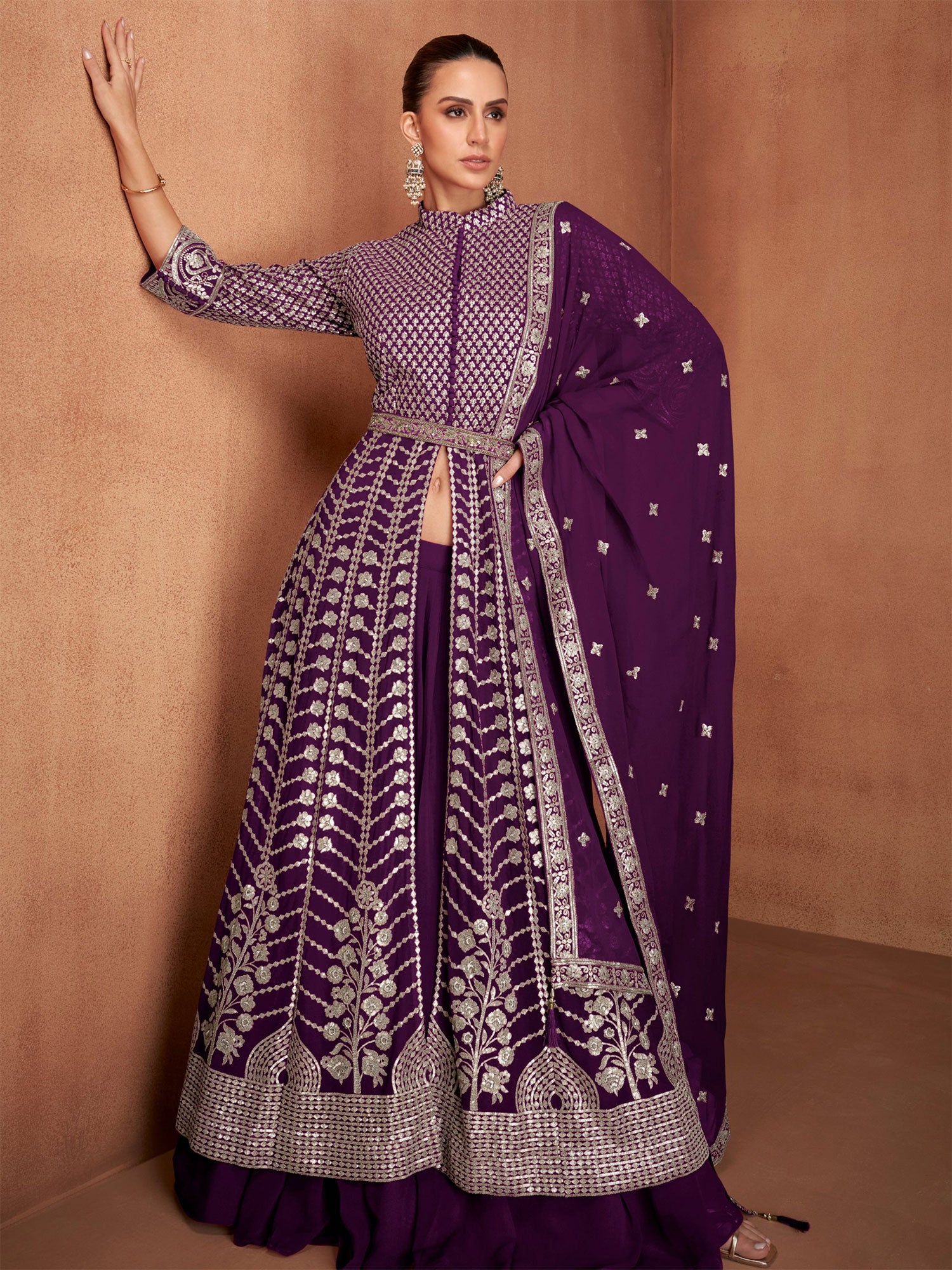 Purple Sequins Work Salwar Suit In Georgette