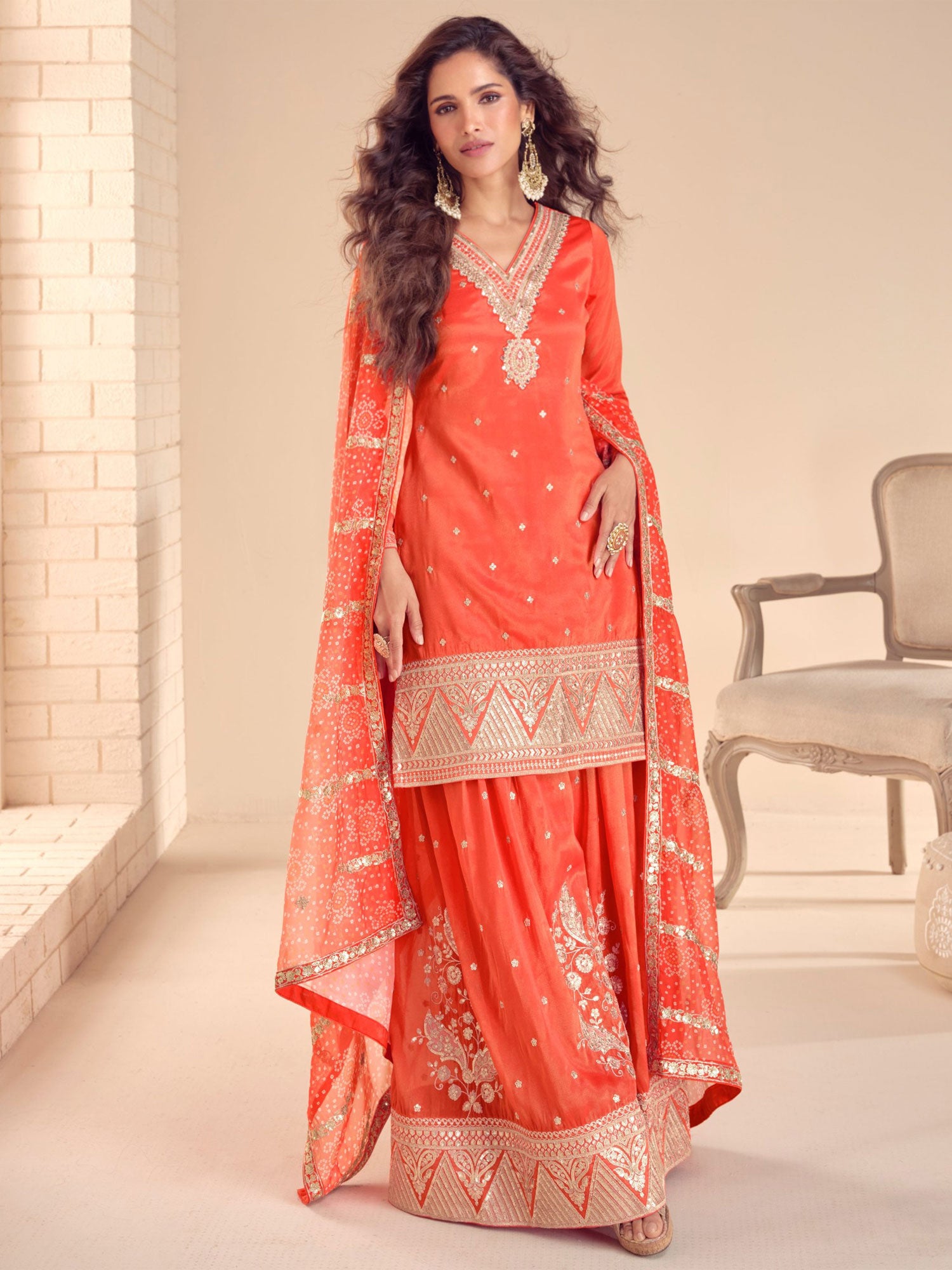Orange Readymade Salwar Suit Straight Kameez