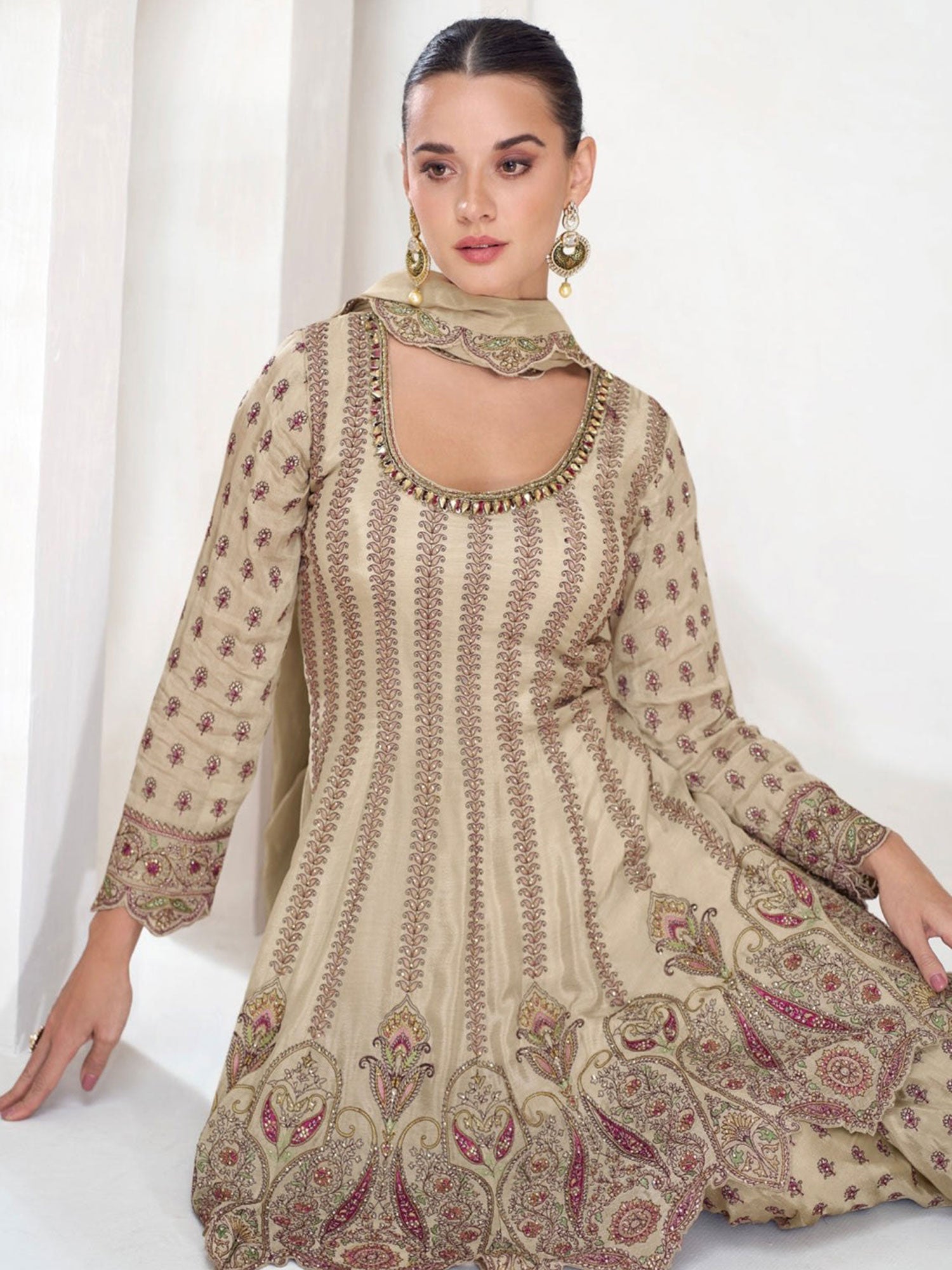 Beige Silk Palazzo Suit With Flare Kameez