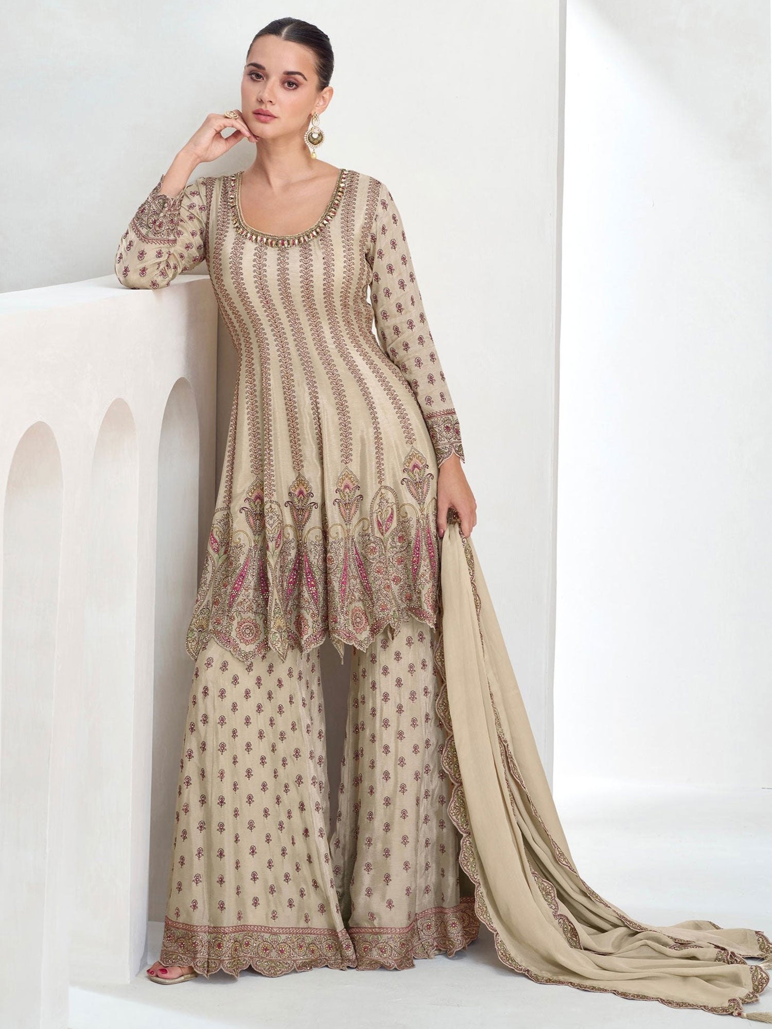 Beige Silk Palazzo Suit With Flare Kameez