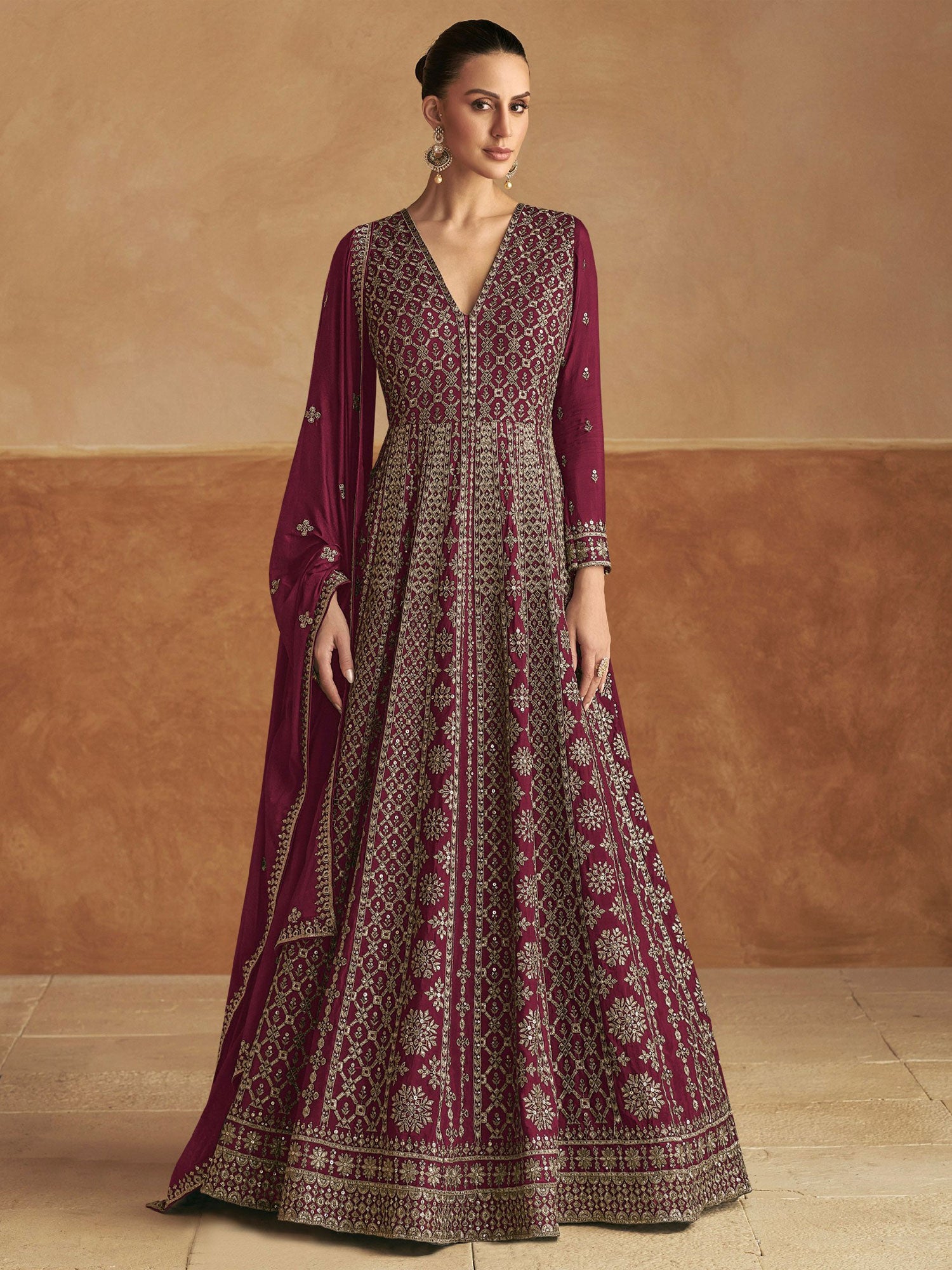 Wine Wedding Wear Salwar Kameez In Silk