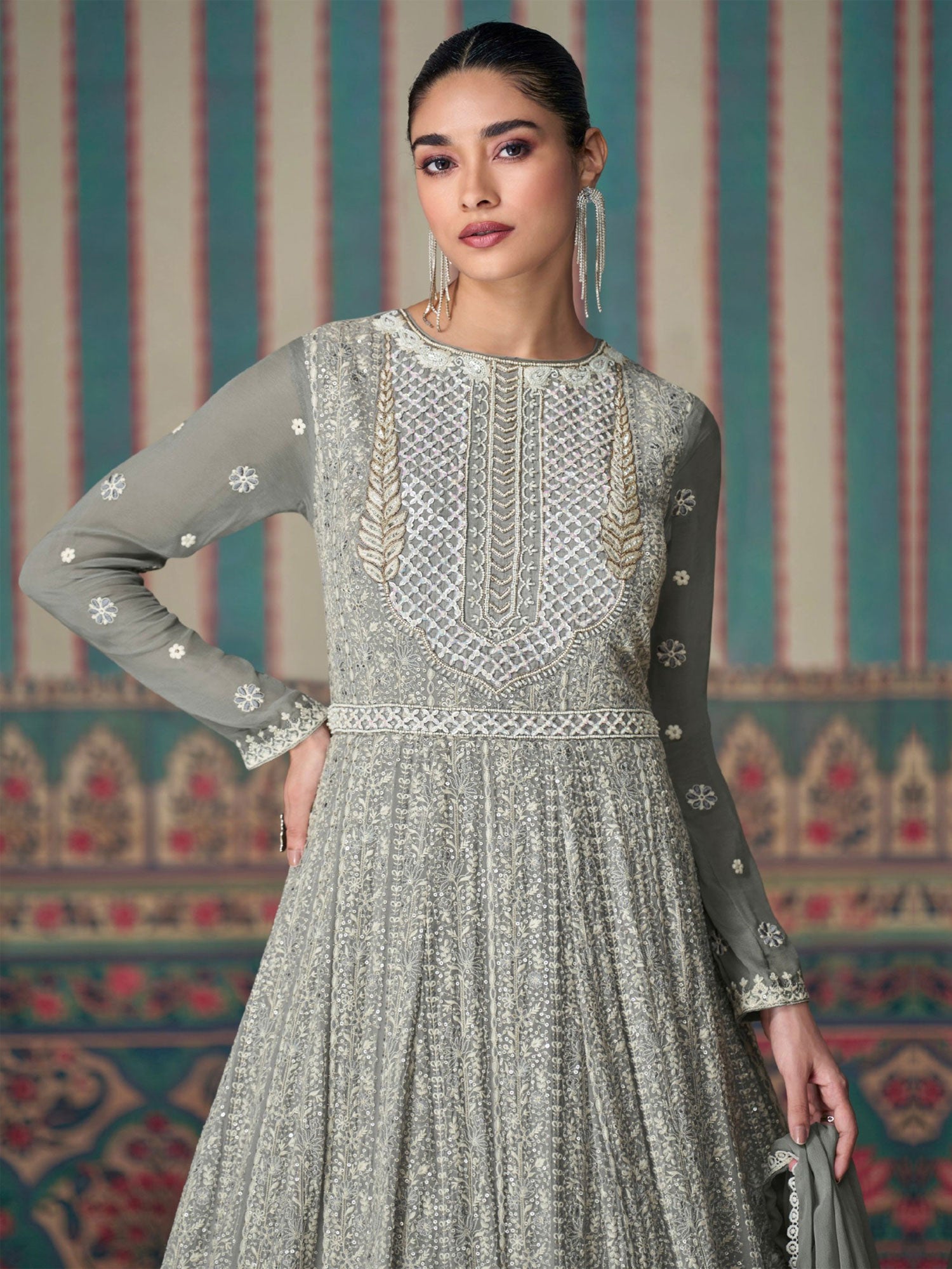Grey Full Sleeved Embroidered Salwar Suit