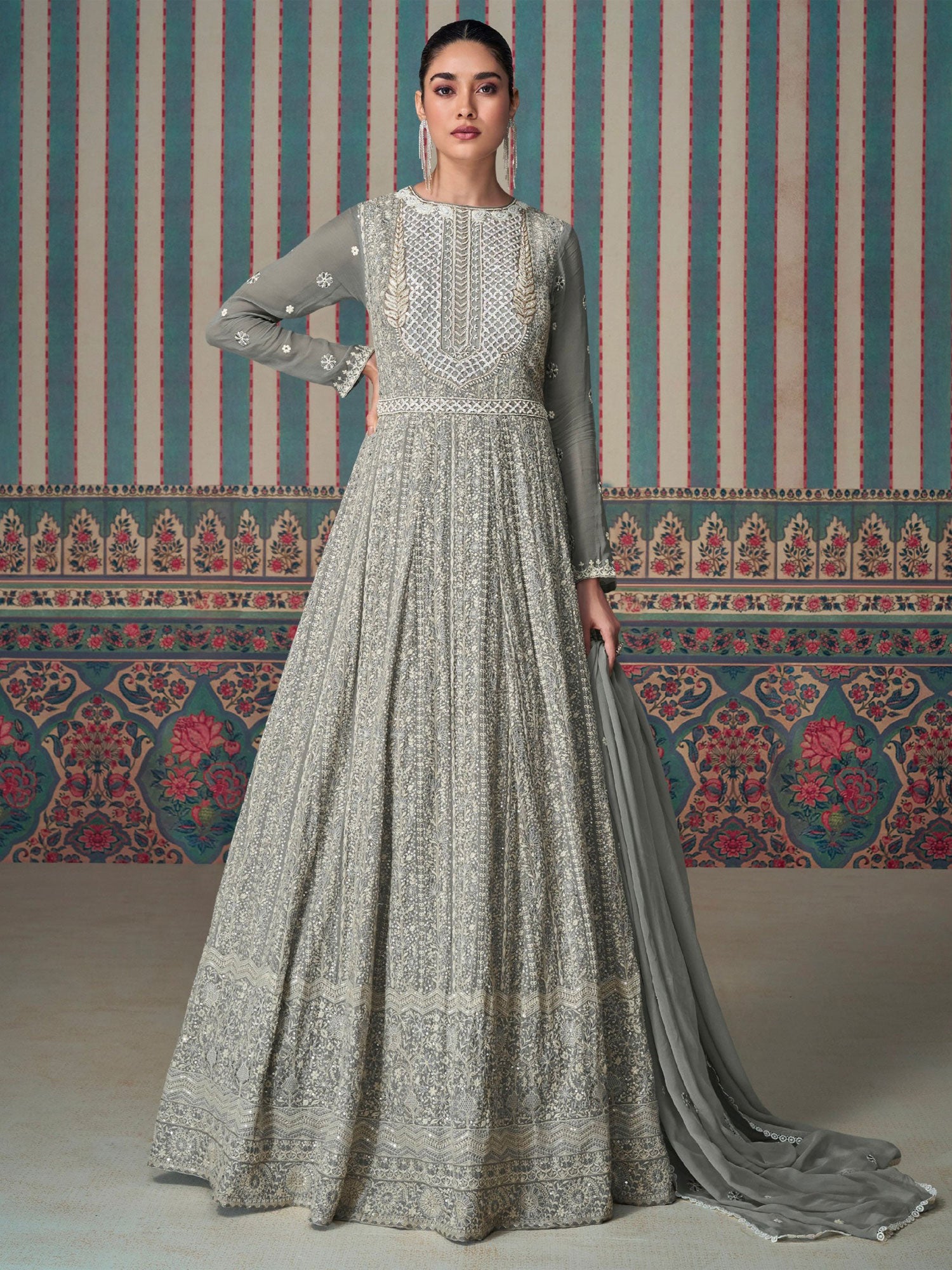 Grey Full Sleeved Embroidered Salwar Suit
