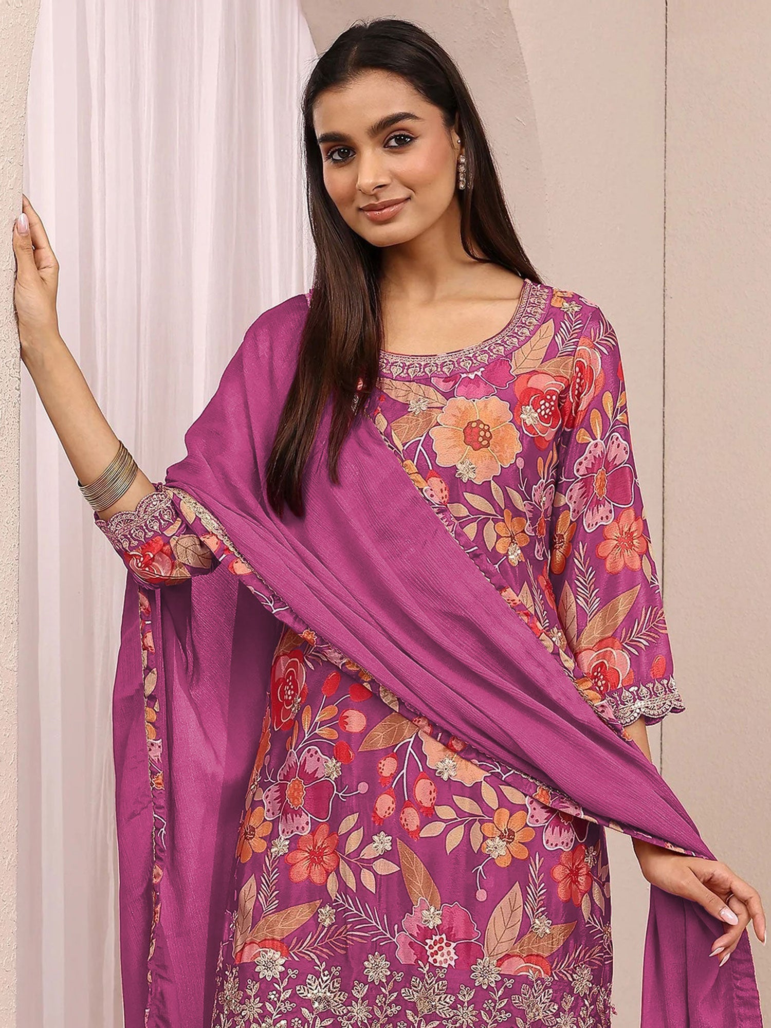 Pink Sequins Work Embroidered Sharara Suit