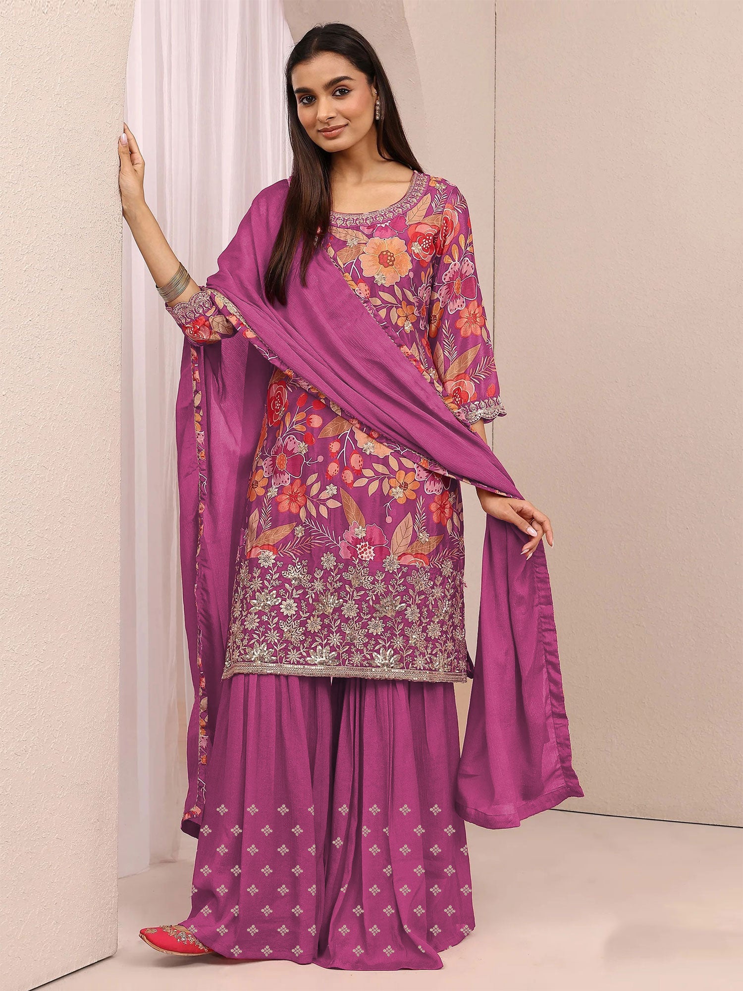 Pink Sequins Work Embroidered Sharara Suit