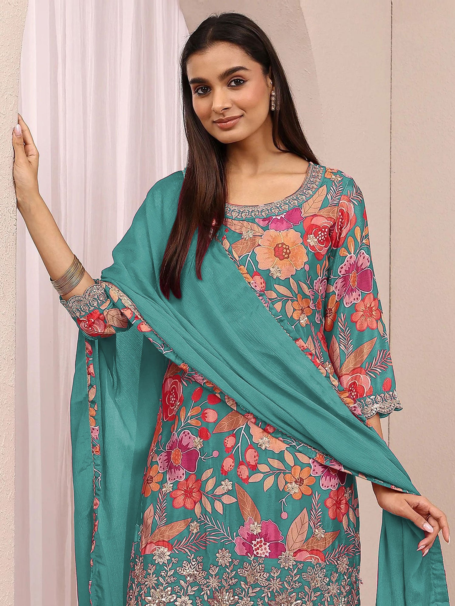 Turquoise  Floral Printed Salwar Kameez